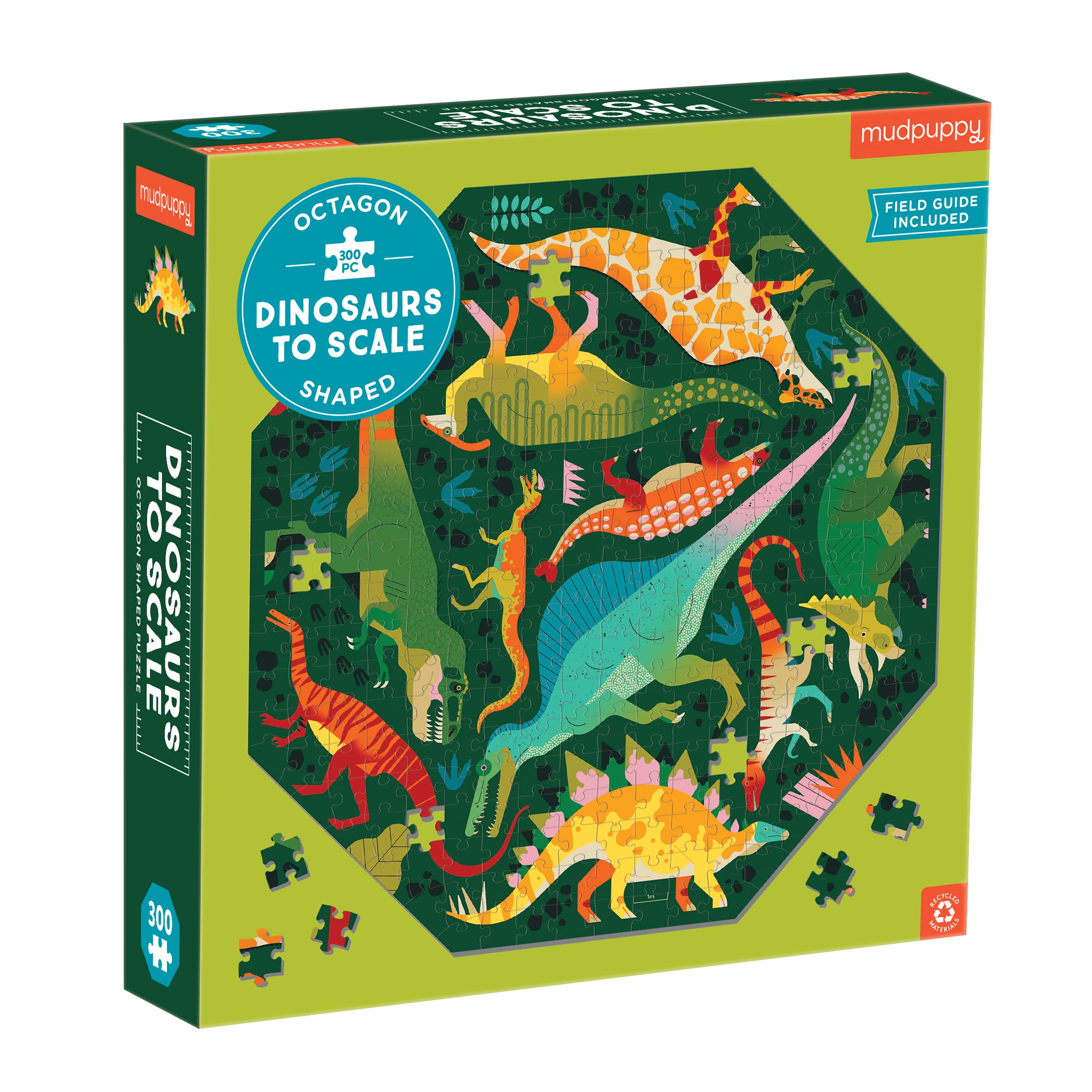 Mudpuppy's Dinosaurs to Scale 300 Piece Octagon Shaped Puzzle, Multi-Directional Artwork can be Pieced Together from Any Side, for Ages 7+, Perfect for Family Puzzling!, Puzzle Image Insert Included