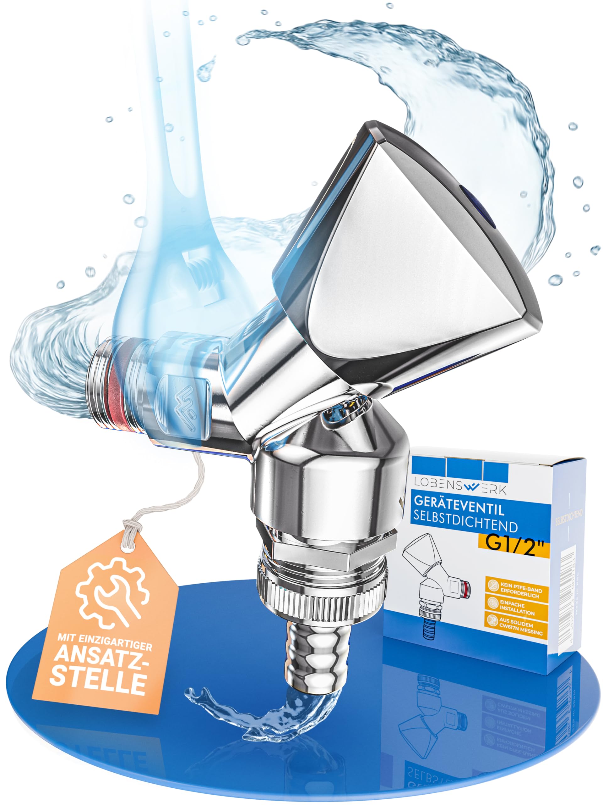 LOBENSWERK Geräteventil 1/2 Zoll [selbstdichtend] mit Rückflussverhinderer & Rohrbelüfter | Geräteanschlussventil mit Spülmaschinenanschluss | aus massivem Messing | sofort Wasserdicht