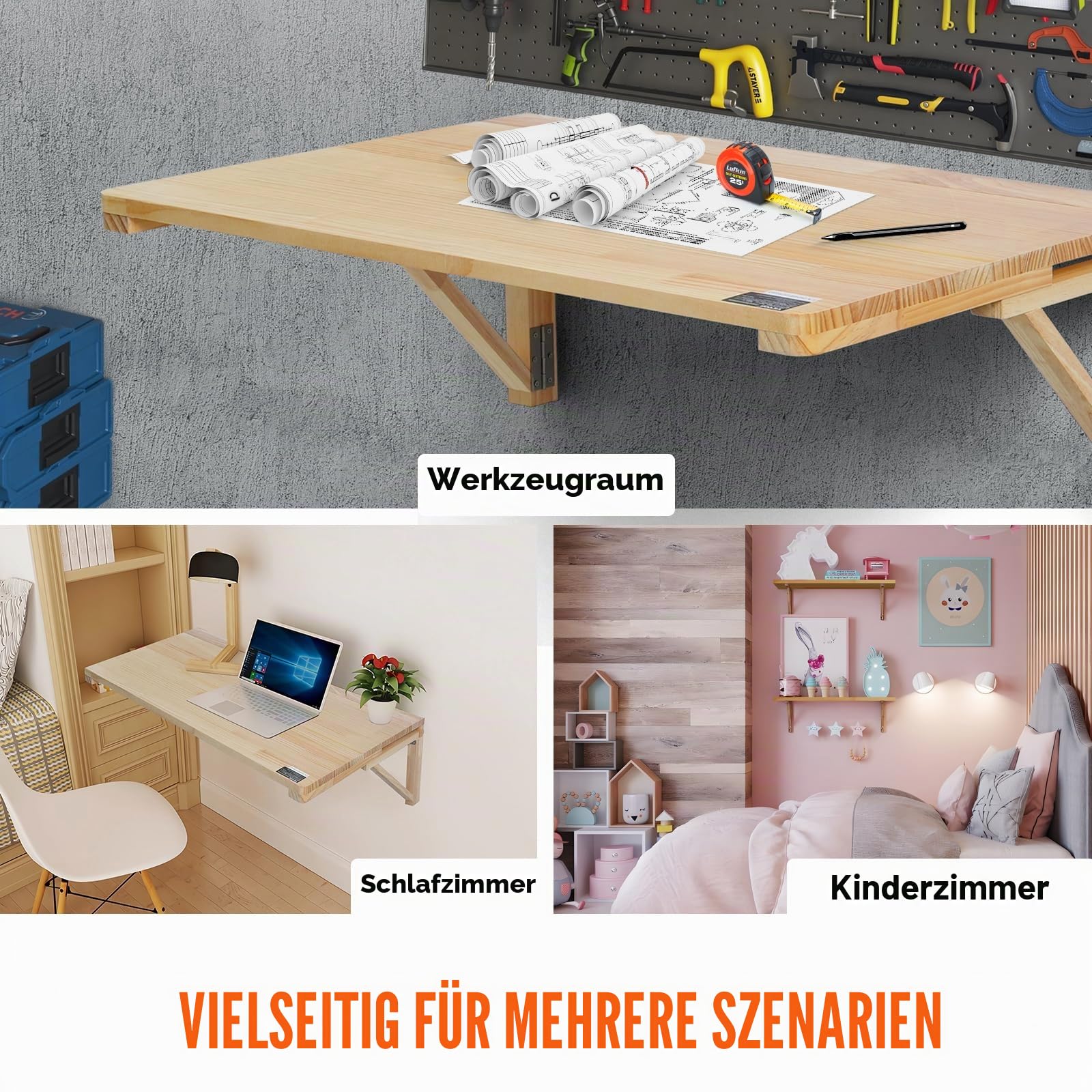 VEVOR Wandklapptisch, 80 x 60 cm, Wandmontage, Klapptisch, schwebender Schreibtisch aus Holz mit Eisenhalterung, zusammenklappbarer Schreibtisch für Heimbüro, Esszimmer, Waschküche, Küche, Bar