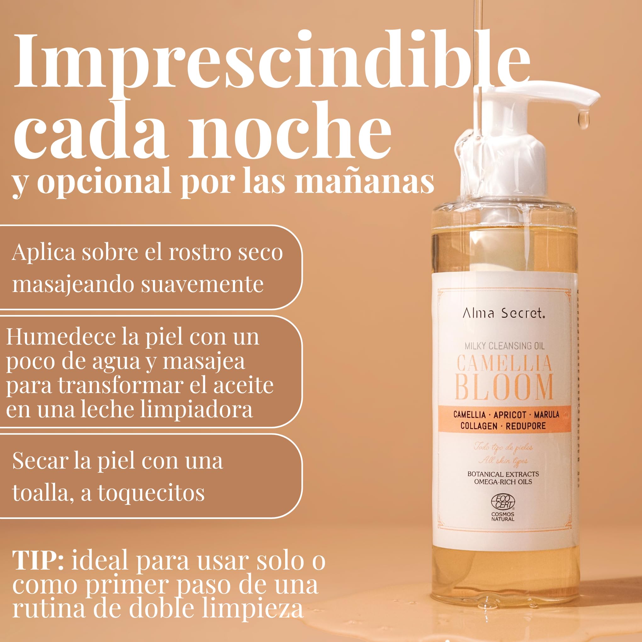 Alma Secret | Aceite Limpiador Facial Desmaquillante Camellia Bloom | Oil Cleanser Doble Limpieza | Elimina Maquillaje Waterproof e Impurezas | Oil to Milk | Afina Poros | Todo Tipo de Pieles | 200 ml
