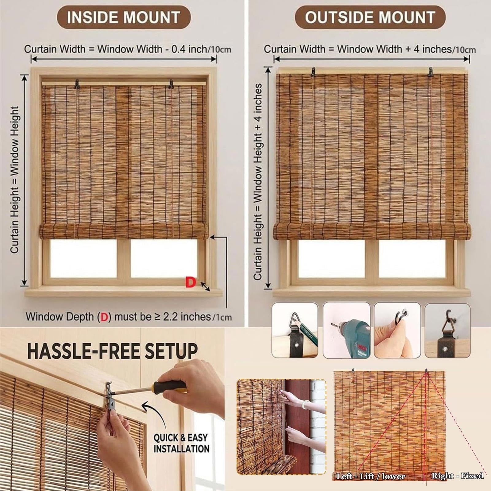 Store Bambou Extérieur pour Terrasse et Balcon, Store Enrouleur en Roseau Naturel, Brise Vue pour Pergola, Véranda et Jardin, Store Décoratif pour Fenêtres et Espaces Extérieurs(W150 x H260 cm)