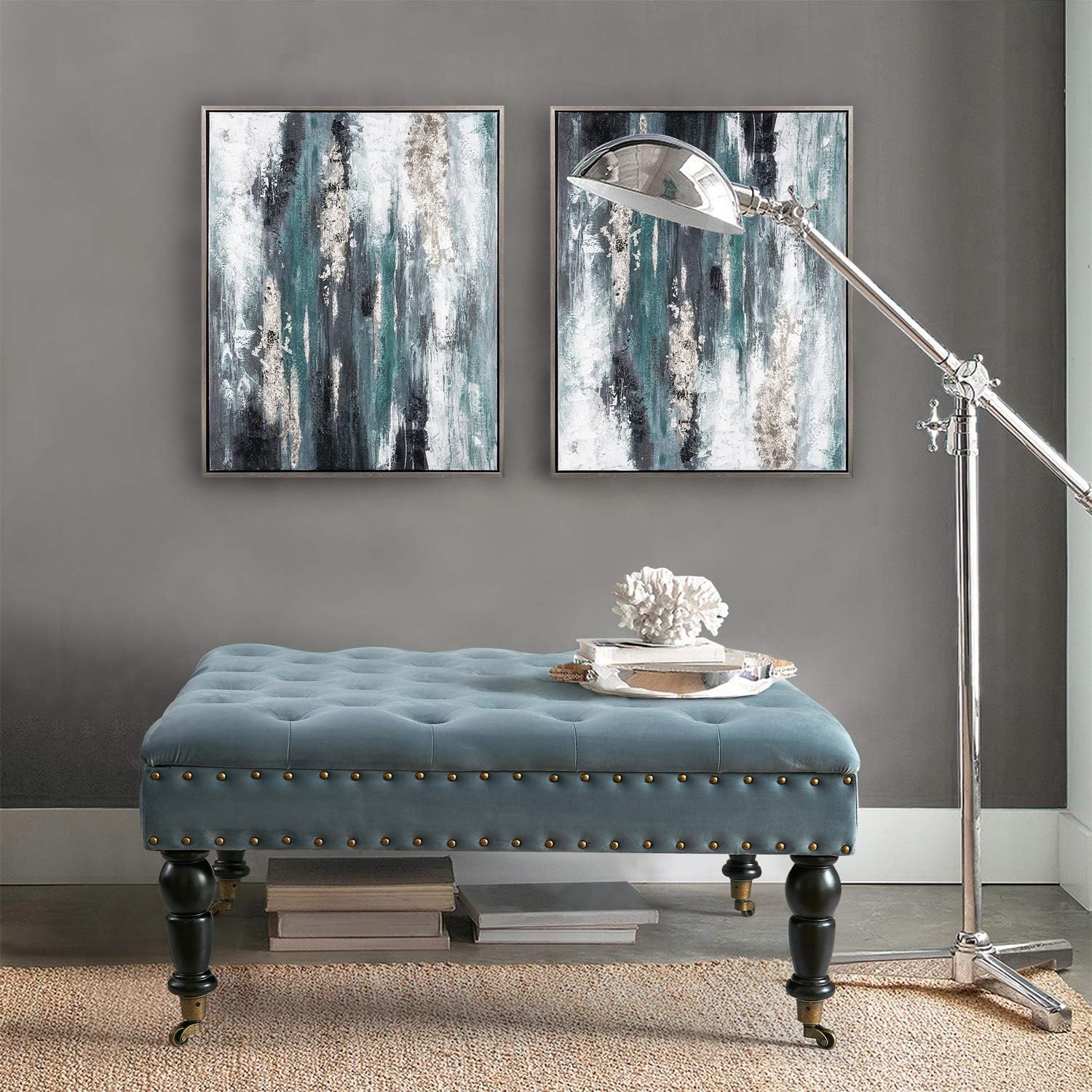 Home Soft Things Mesa de centro súper suave copetuda, 33 x 33 x 18 pulgadas de alto, azul Orión, otomana cuadrada grande moderna para sala de estar,
