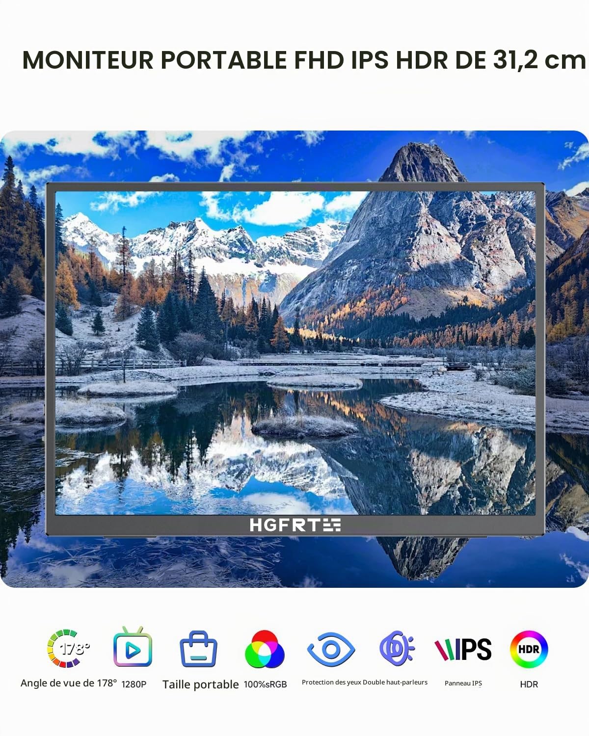 Moniteur Portable 12,3", 1920×1280 FHD IPS Mini Écran PC, 15:10, sRGB 100%, 60Hz, Haut-parleurs, USB-C, Mini-HDMI, VESA, Écran PC Portable Additionnel pour Gaming & Travail (sans Tactile)