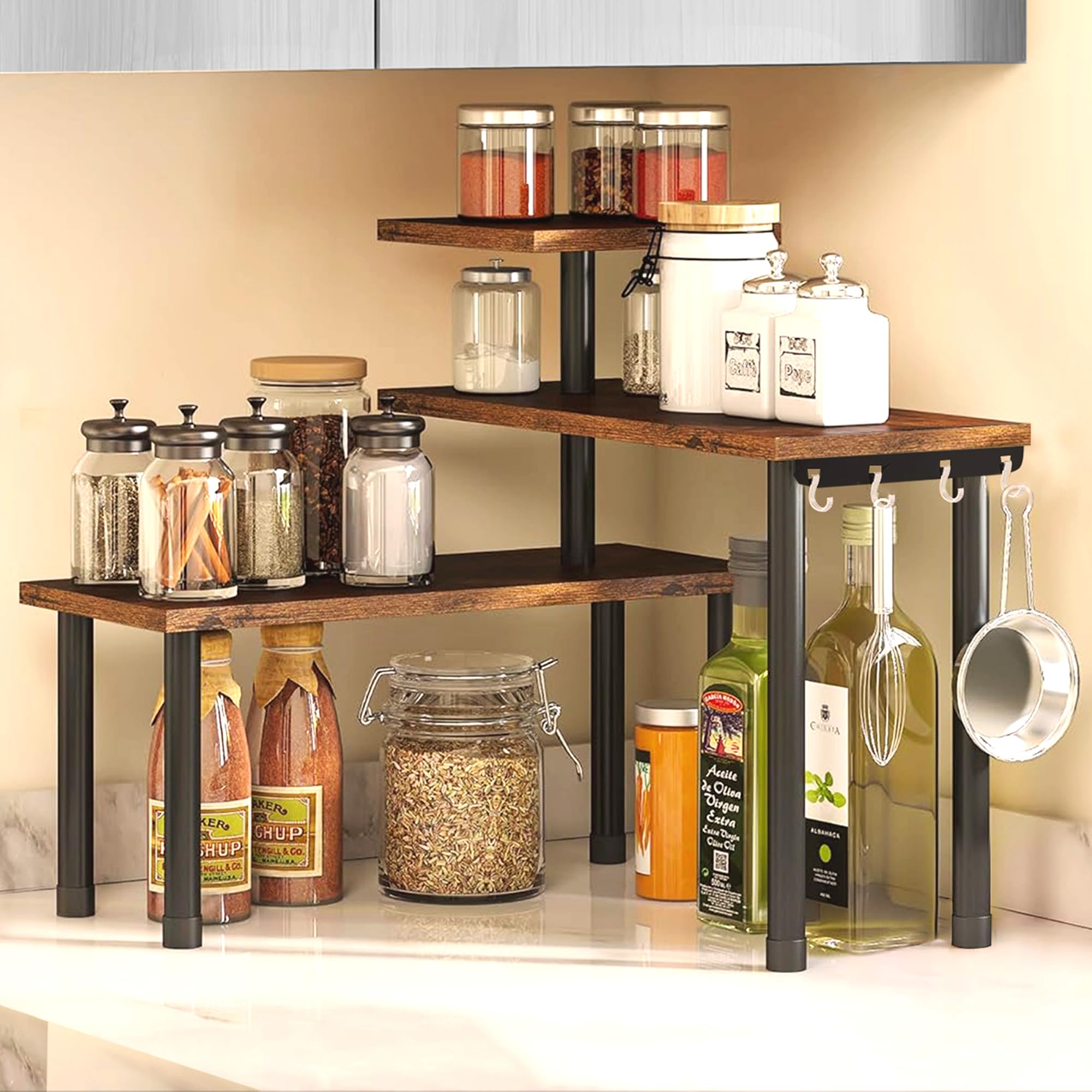 ABJA Stylish Prime Wooden Rack for Kitchen Storage, Corner Shelf for Kitchen, Organizer Rack, 3 Tier Spice, Oil Stand, Tabletop Rack for Makeup, Office, Storage Multipurpose (Rustic Brown, 3 Tier)