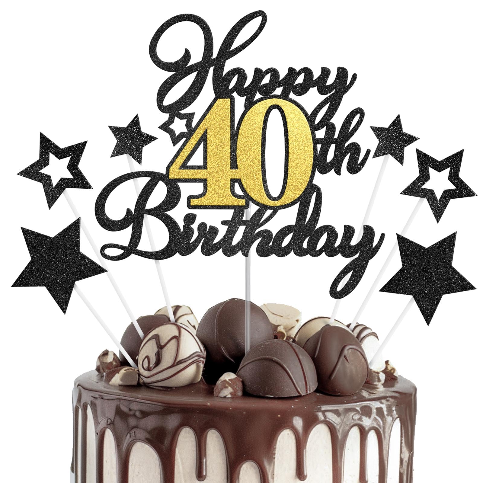 Happy 40th Birthday Cake Toppers, Black Gold Glitter Cake Decorations Set, 40th Birthday Decor for Men Women, Birthday Anniversary Party Decorations