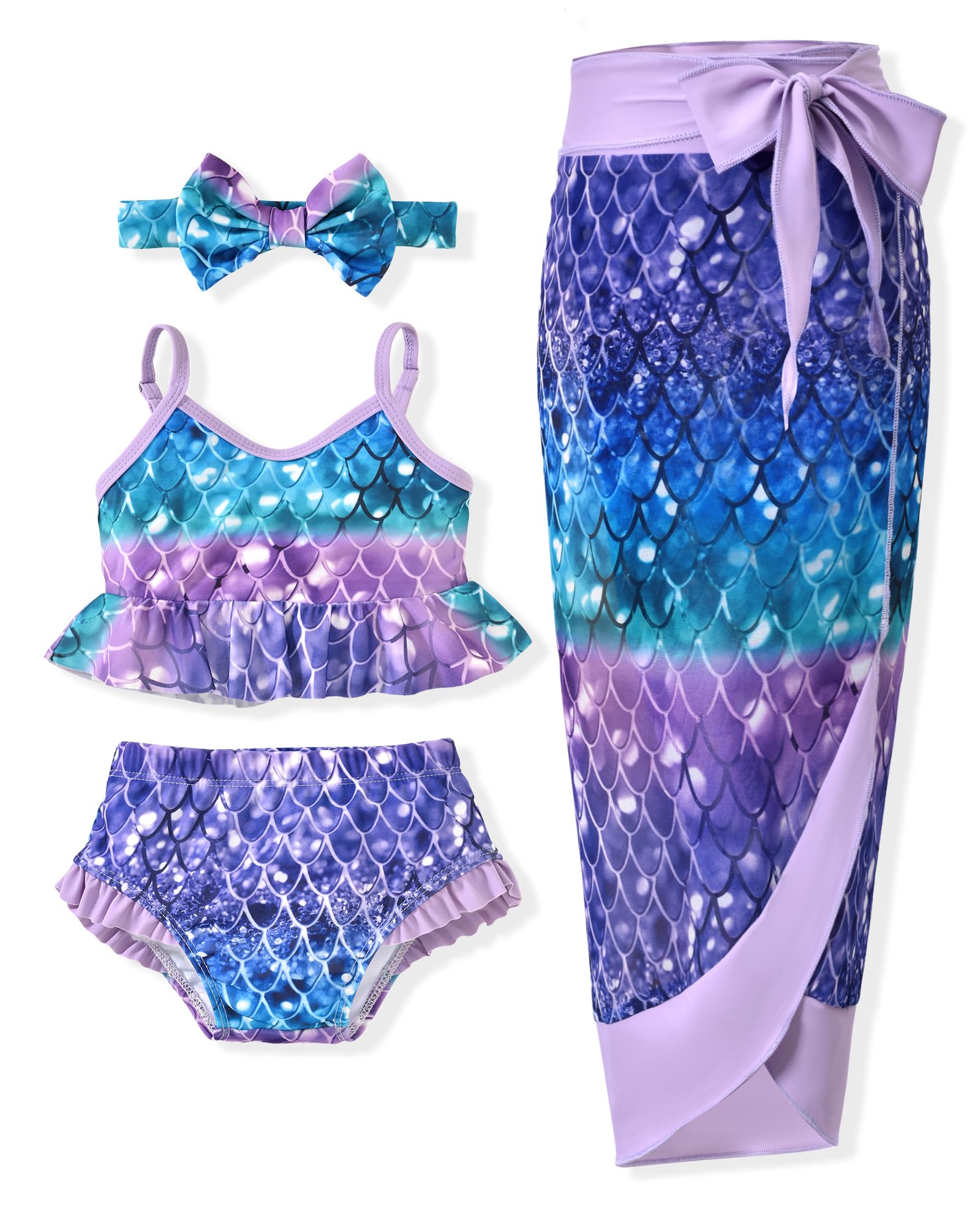 Infant Toddler Baby Girl Two Piece Swimsuit with Cover Up Skirt Ruffle Bathing Suit Bikini Headband Set