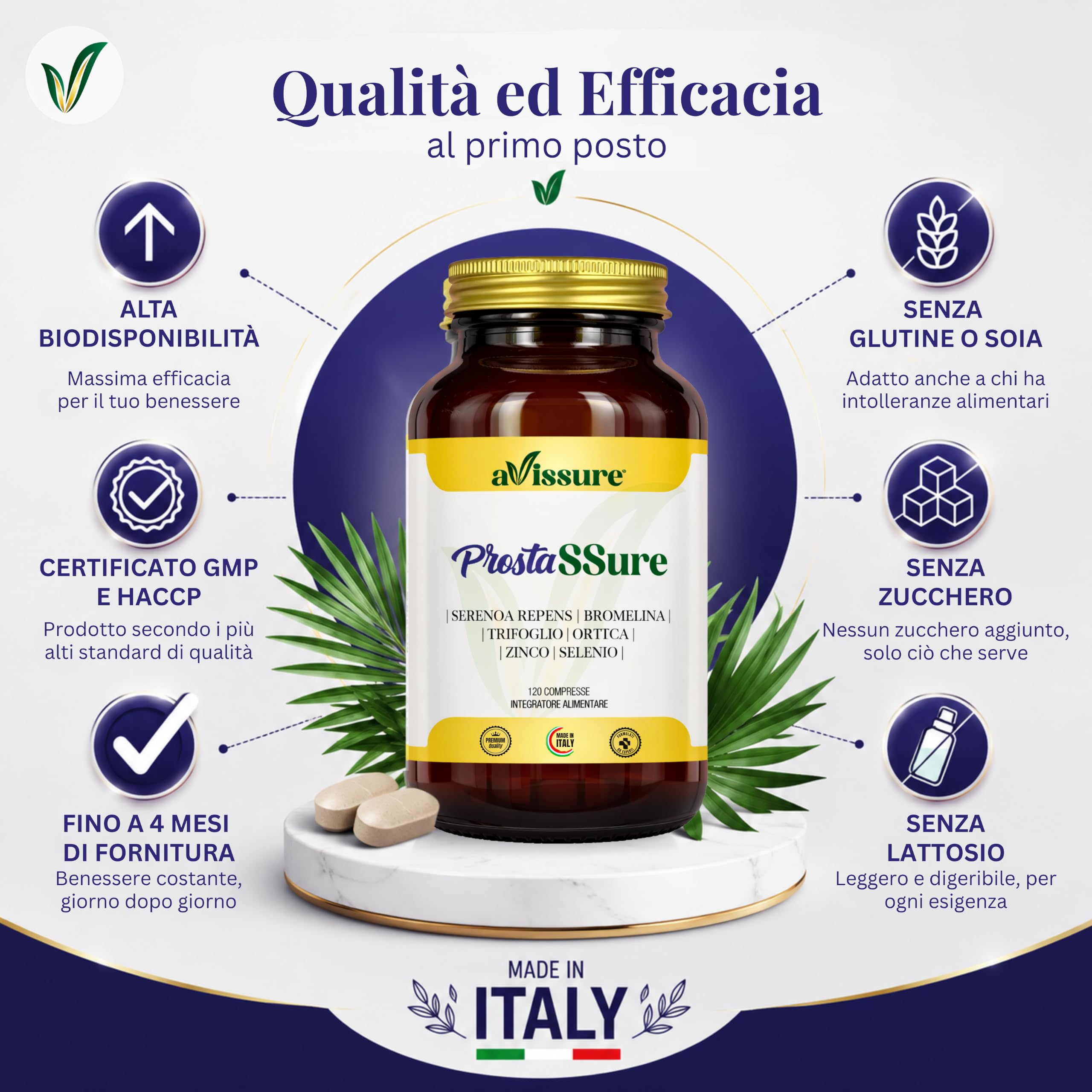 Serenoa Repens 320 mg ProstaSSure, 120 Compresse Fino a 4 Mesi, Formula con Estratto di Serenoa Repens, Ribolife, Bromelina 2500 GDU, Ortica, Vitamina B6, Zinco e Selenio, Senza Glutine, OGM, avissure
