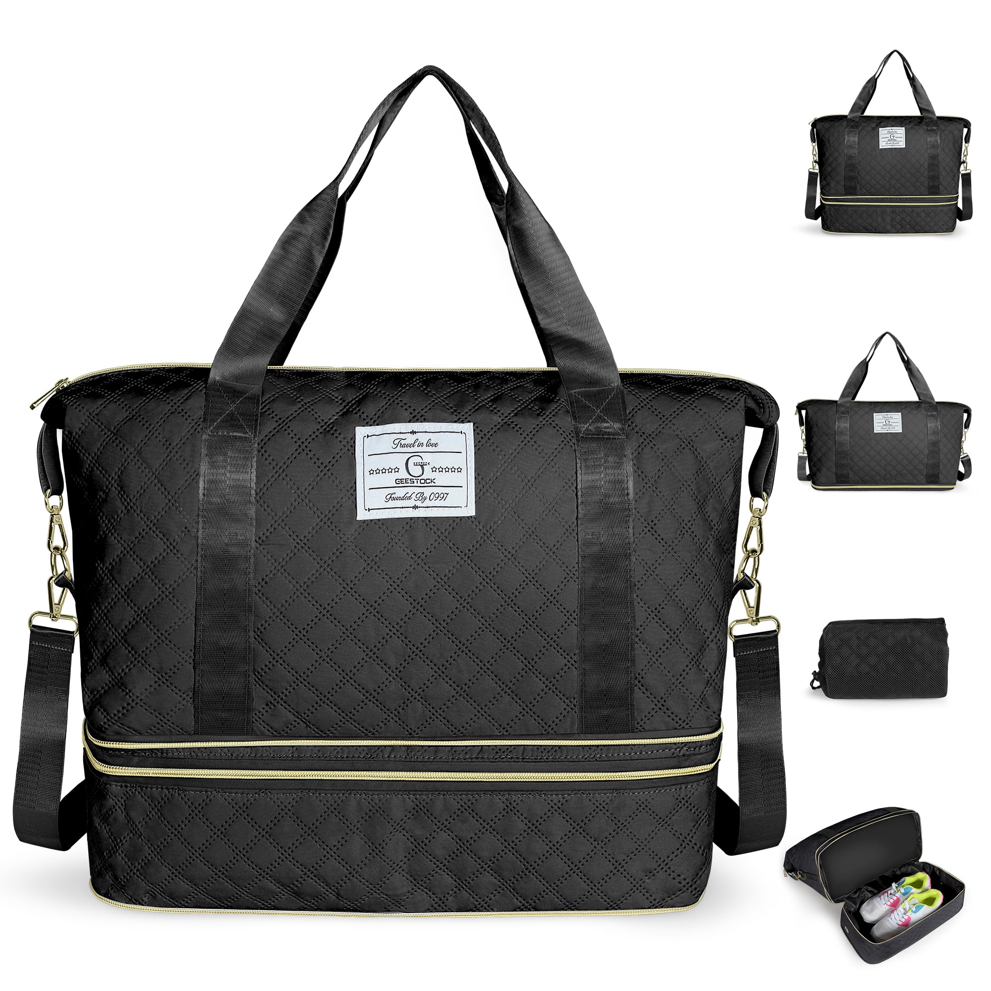 Geestock Weekender Reisetasche Damen, Travel Duffle Bag mit Schuhfach, Sporttasche Gym Yoga Bag, Handgepäck Tasche für Sport Reise Flugzeug, Schwarz
