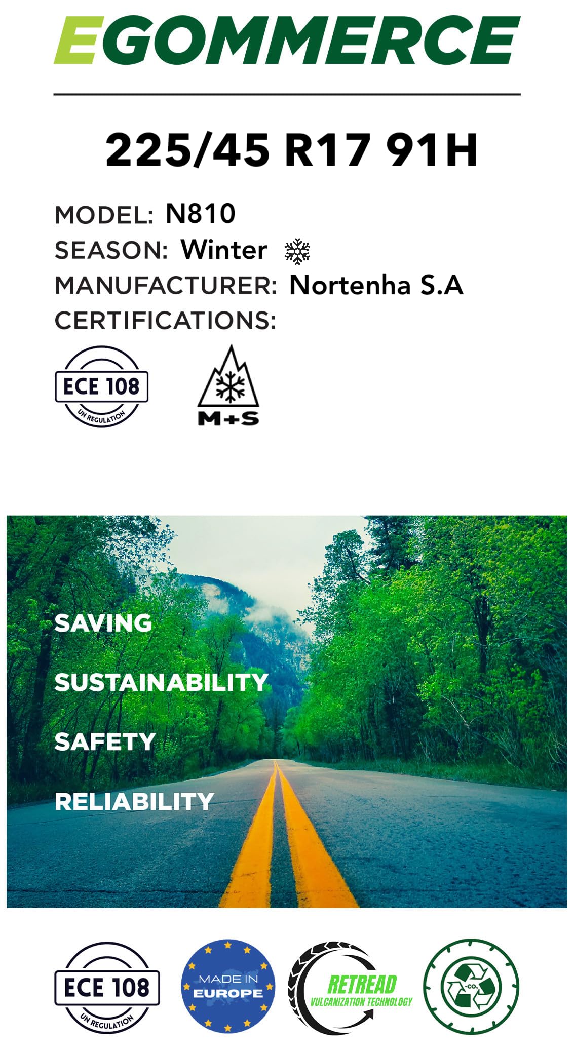 Nortenha - Pneu de Carro N810 225/45 R17 91H - de Inverno, Térmico e Certificado M+S / 3PMSF - Pneus de Marcas de Inverno Térmicos para Carros - Pneu Eco-friendly com Garantia.