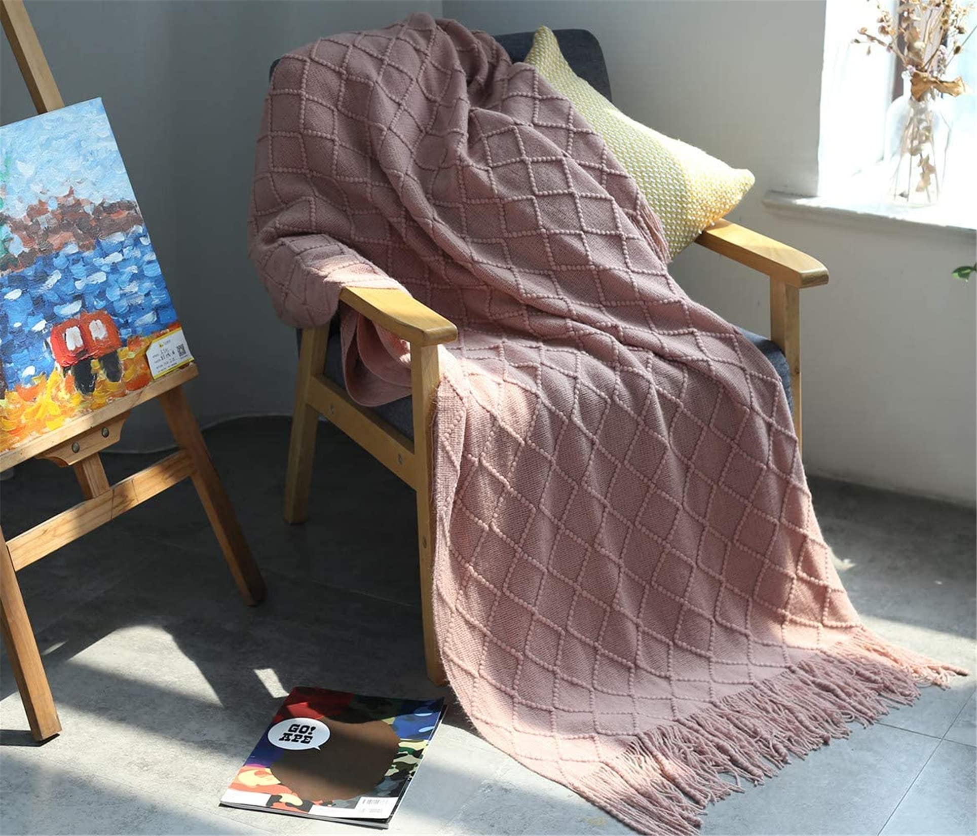 Hayisugar Sofa Blankets Tassel decor knitting Throw Blankets Soft Travel Fluffy for Bed Bedspread Throw Arm Chair Cover Blanket shawl reading blankets, Pink - Image 2