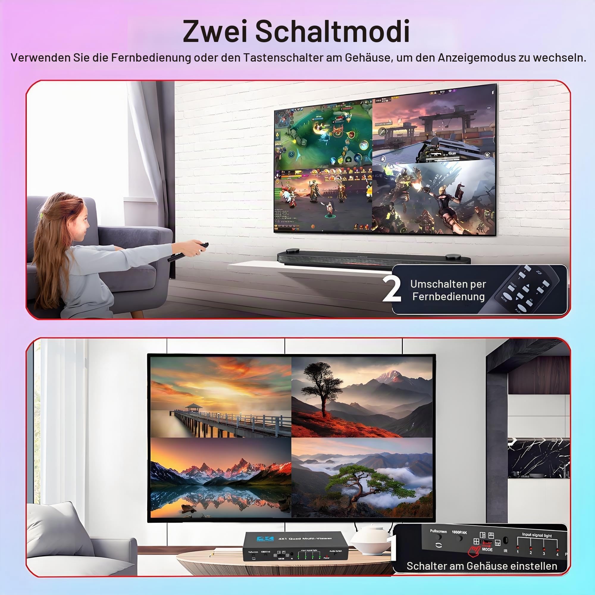 HDMI Multi-Viewer 4X1, Nahtloser Switcher 4 in 1 Out, Quad Multi Viewer Switcher mit IR-Fernbedienung, unterstützt 4K@30Hz, 1080P@60Hz, 5 Anzeigemodi Multiviewer Switch für kameras, Spielkonsolen