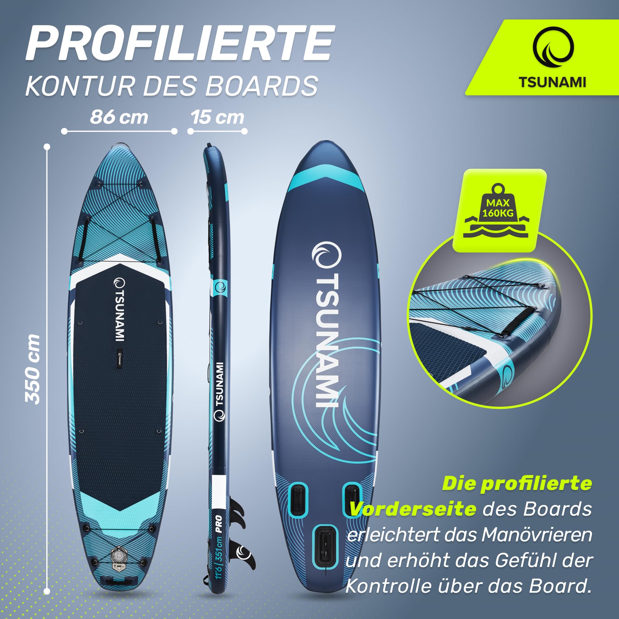 TSUNAMI Stand Up Paddling Board PRO, SUP-Board mit Komplettes Zubehör, Pumpe und Sicherheitsleine, Tragkraft bis 160kg, Länge 350cm, Doppeltes Material und zusätzliche interne Verstärkungen