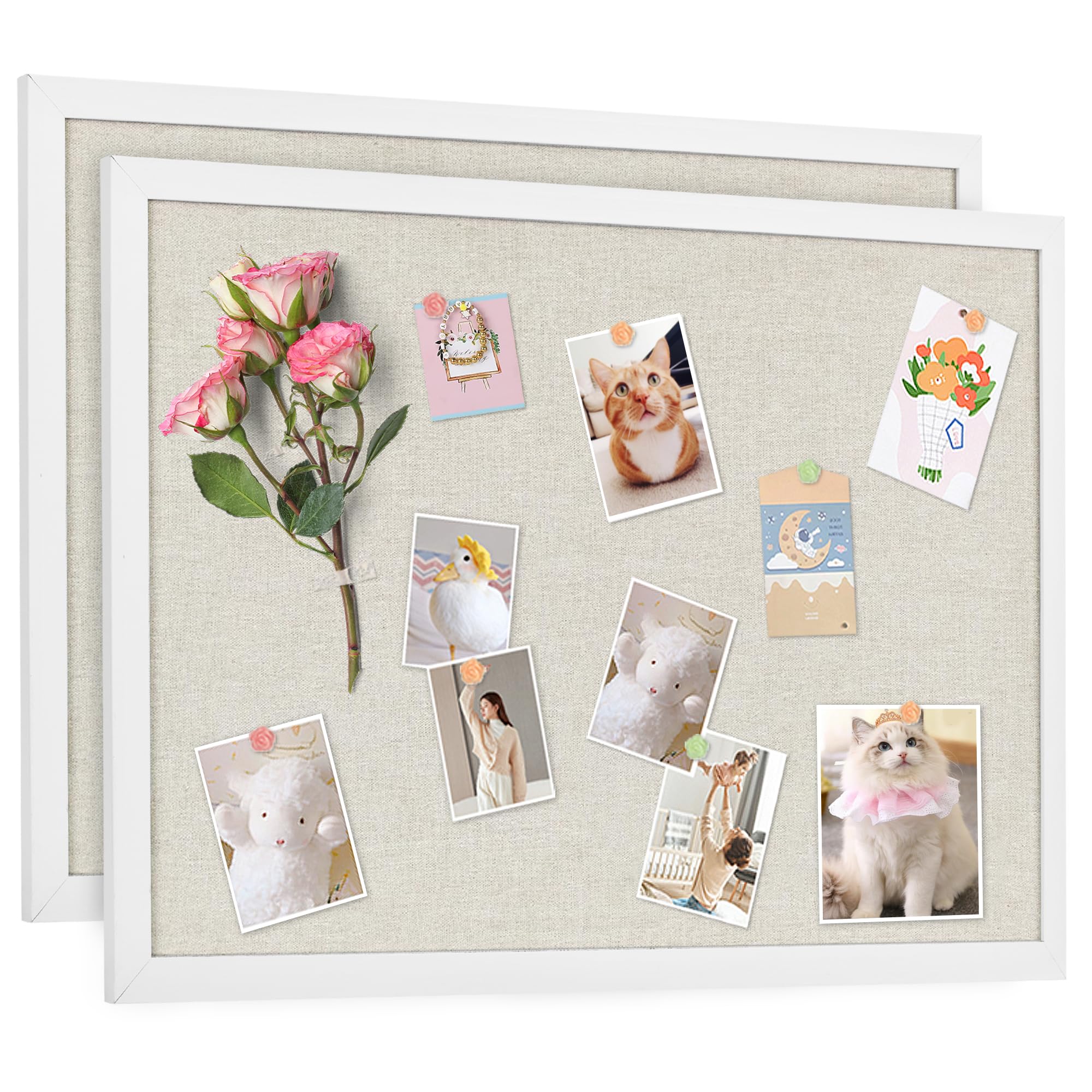 AKTOP 2 Pack White Cork Bulletin Board with Linen 18" X 24", Large Framed Corkboard for Wall, Hanging Pin Board Picture Board for Home Office Decor, Cute Vision Board with Pushpins