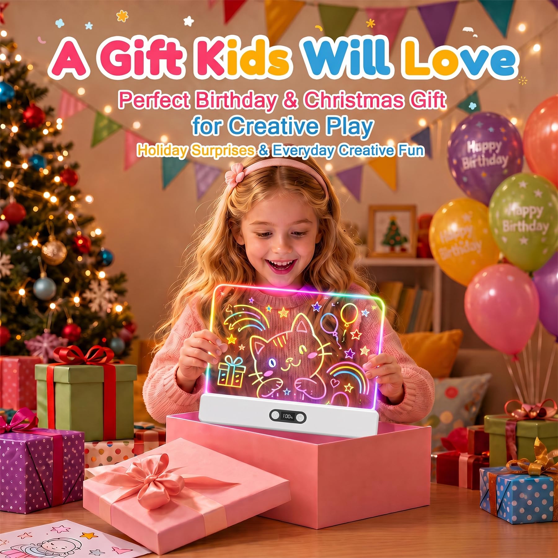 seenlast Lavagna LED luminosa portatile per bambini, tavoletta da disegno con 8 colori e 3 modalità di illuminazione, giocattolo creativo per ragazze e ragazzi di 4-8 anni, regalo originale