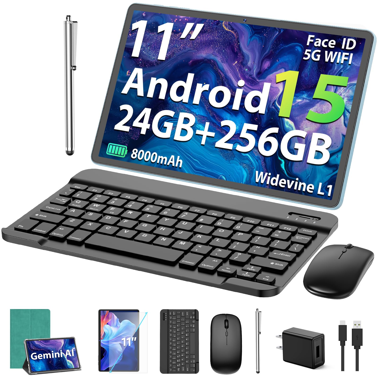 suicoey 2026 11 inch android 15 tablet with keyboard, 24gb+256gb, 2tb expand, 8000mah, 5mp+13mp, 5g wifi, gemini ai, split screen, widevine l1, 2 in 1 tablet pc with case, mouse