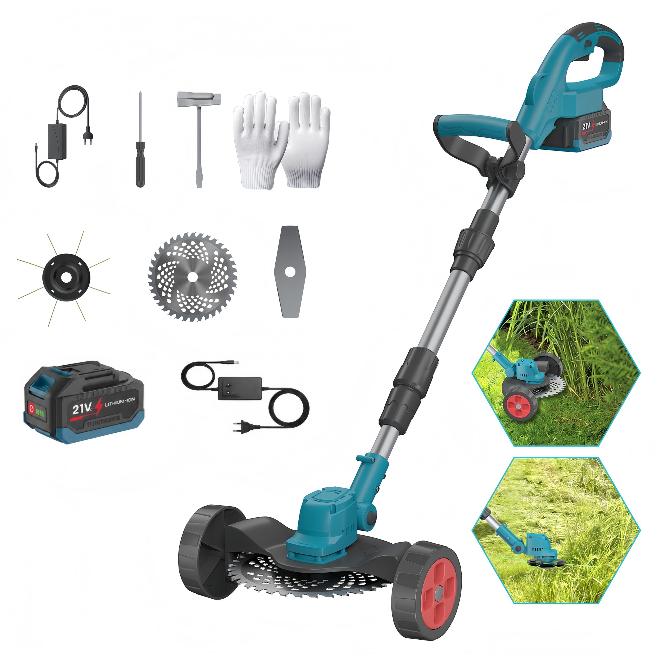 Decespugliatore a batteria senza cavo, 4000 W, decespugliatore elettrico pieghevole, con batteria e 3 lame, larghezza di taglio 23 cm, lunghezza retrattile, per giardino, prato e patio (blu a batteria