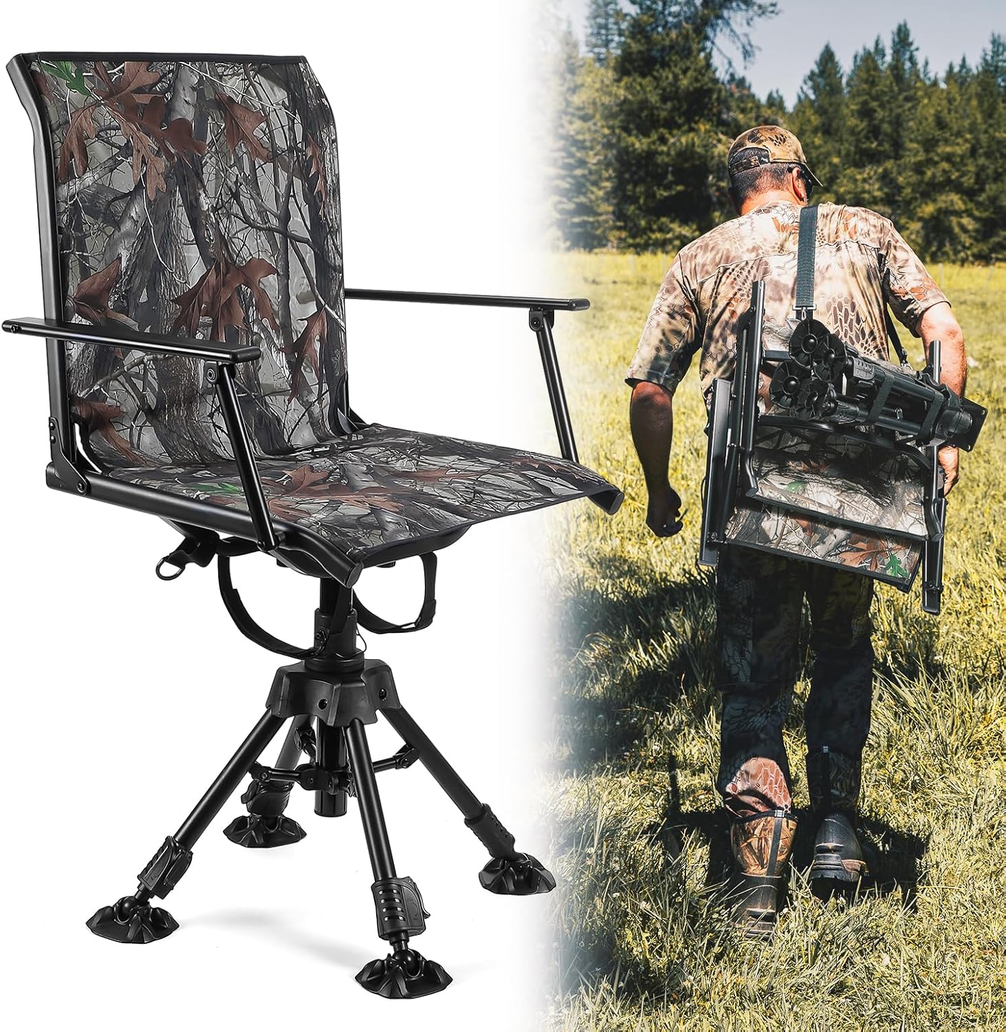 KEMIMOTO Hunting Blind Chair 360 Degree Silent Swivel, 300 Lbs Height Adjustable Quick Folding Portable Comfortable Hunting Deer Fishing Ground Chair Camo