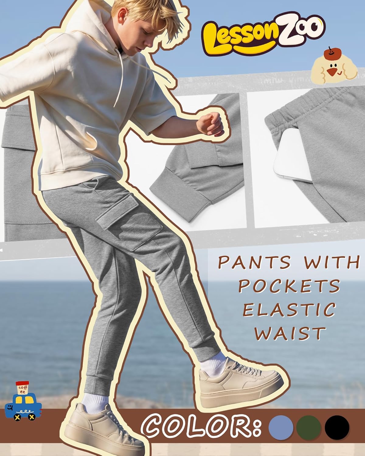 3 Pack Boys' Cargo Sweatpants Kids Casual Joggers Pants with Pockets Elastic Waist Track Cuffed Athletic Pant 5-14Y - Image 6