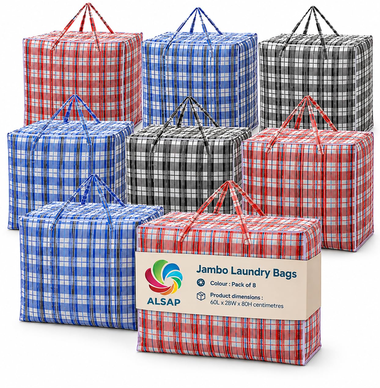Laundry Bags 8 Pack Heavy Duty Resulable Storage Bags with Zipper & Reinforced Handles, Extra Large Moving & Storage Bags for Clothes, Bedding, Travel & Organization (Pack of 8)