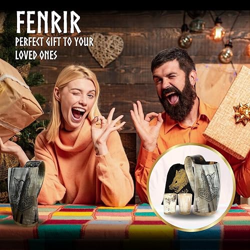 Miniatura 6 de Taza de cuerno vikingo de 16 onzas con acabado Thor Odin con asa y 2 vasos de chupito, hecha a mano, taza nórdica de cuerno real para Ale, Mead y