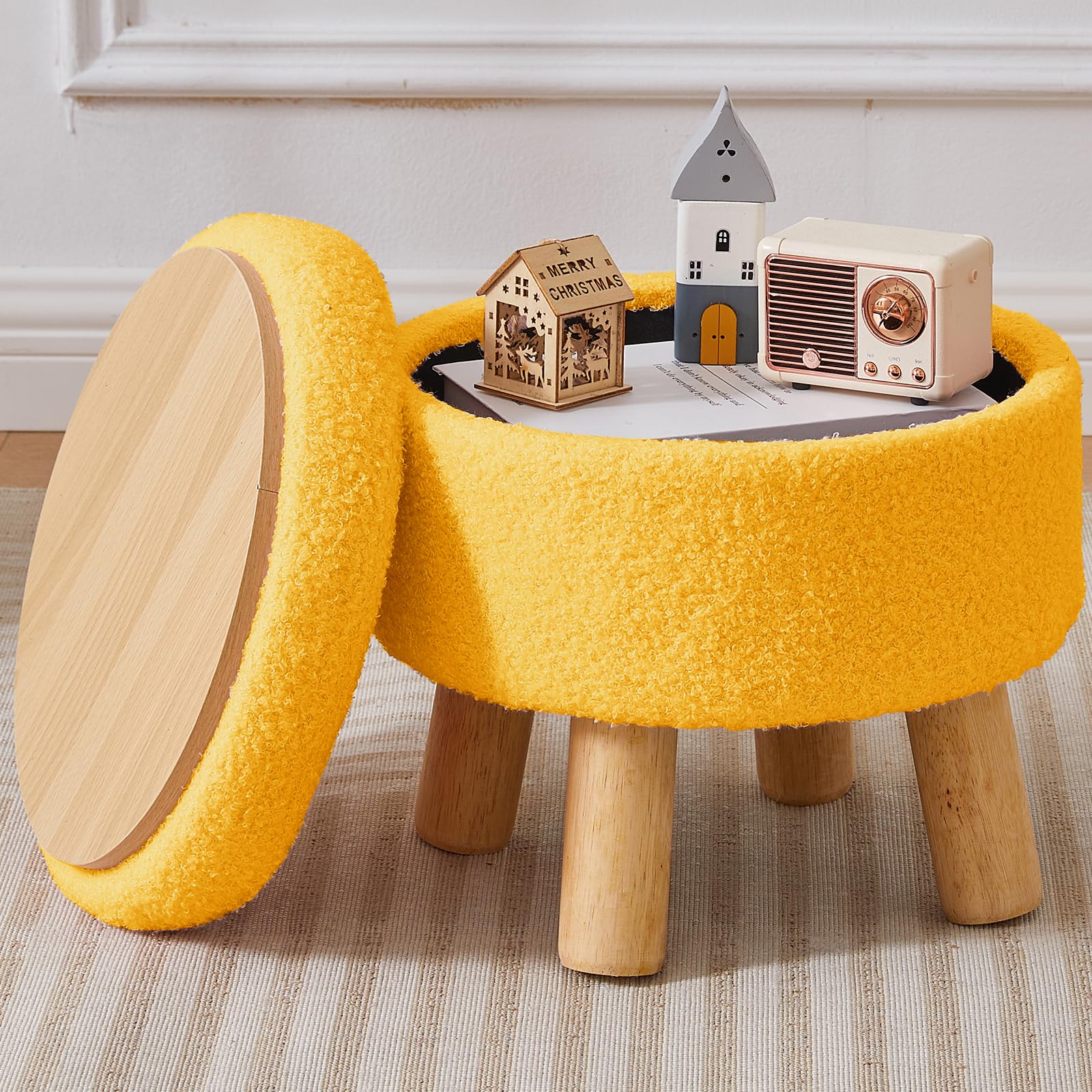BRIAN & DANY Footstool with Storage, Small Storage Ottoman, Teddy Fleece Round Stool with Lid, Sherpa Foot Stool with Legs for Living Room Entryway, Yellow