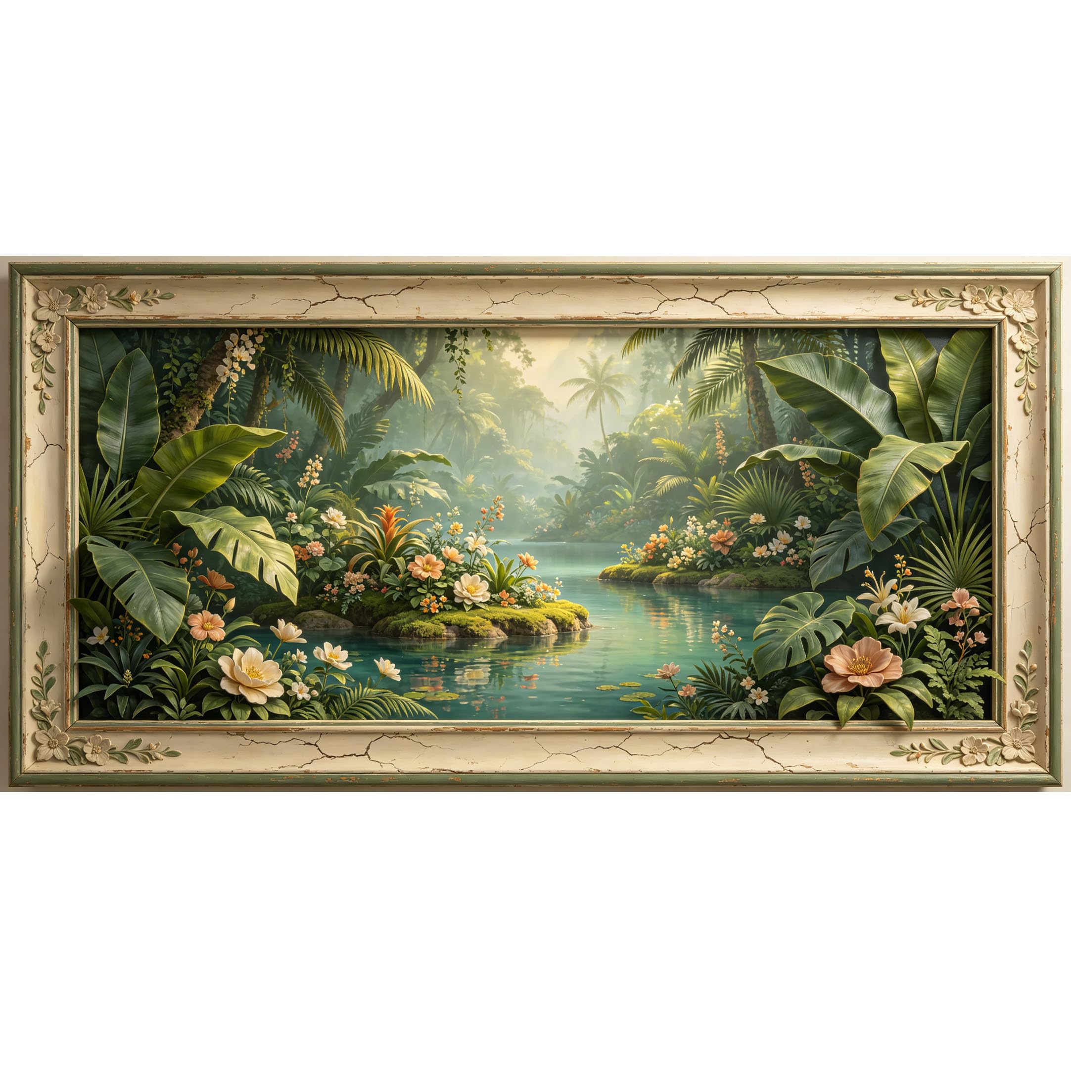 Agglomerix 3D Framed Wall Art Tropical Lake Jungle Botanical Flowers Palms Textured Large Size SelfAdhesive Removable Wall Decor Prints Artwork for Living Room Bedroom Office