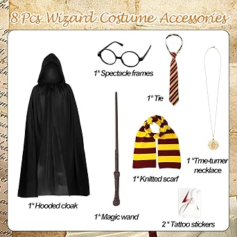 Wizard Costume Accessories, 8 Pcs Cosplay Accessories Set with Magic Cloak Magic Wand Hat Scarf Tie Necklace Glasses Tattoo Sticker, Fancy Dress Set for Halloween Party World Book Day