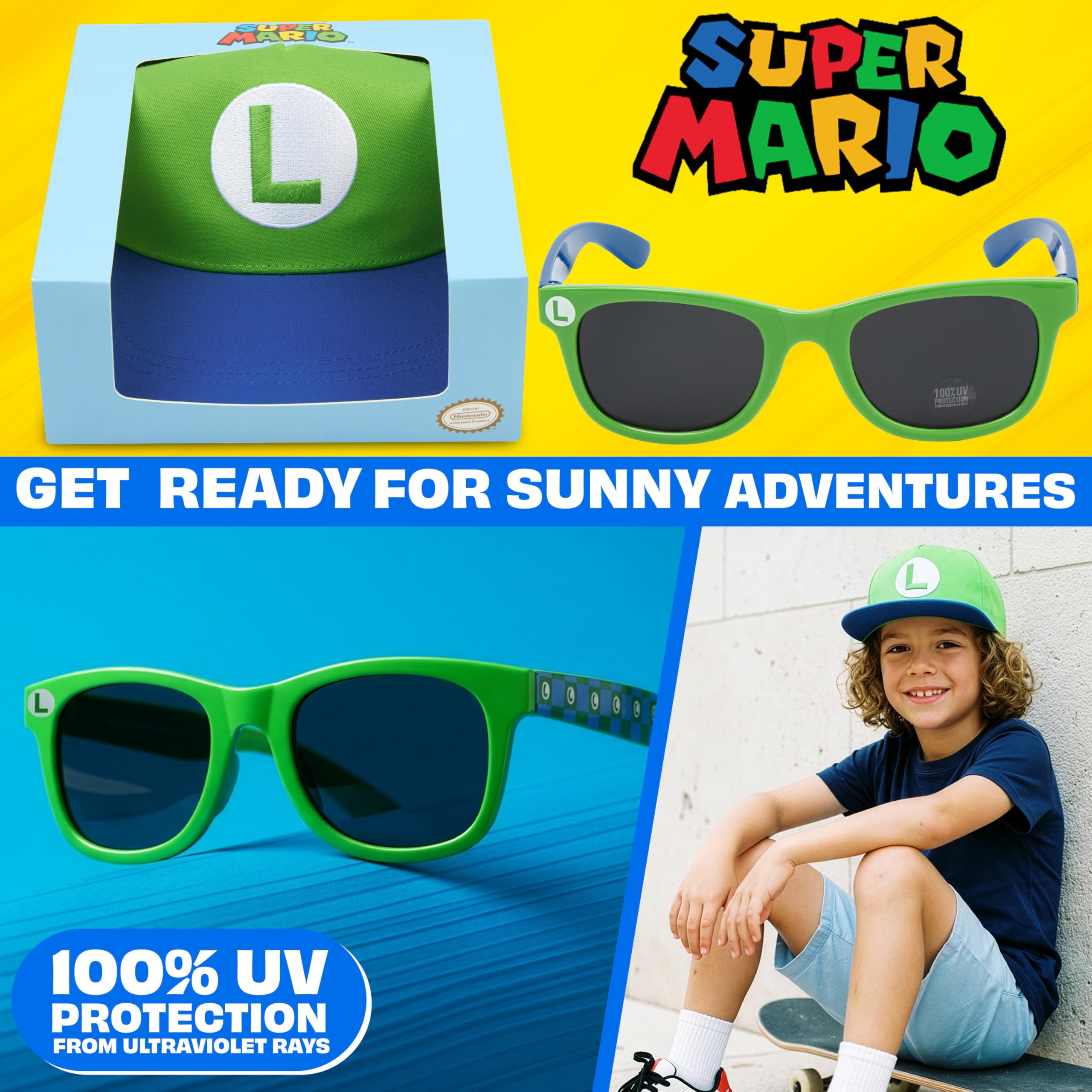 Get Trend Super Mario Cappello Baseball Occhiali da Sole Bambino Set, Protezione UV 100%, Essenziale Vacanze, Regalo per Ragazzi (Verde Super Mario) - 3