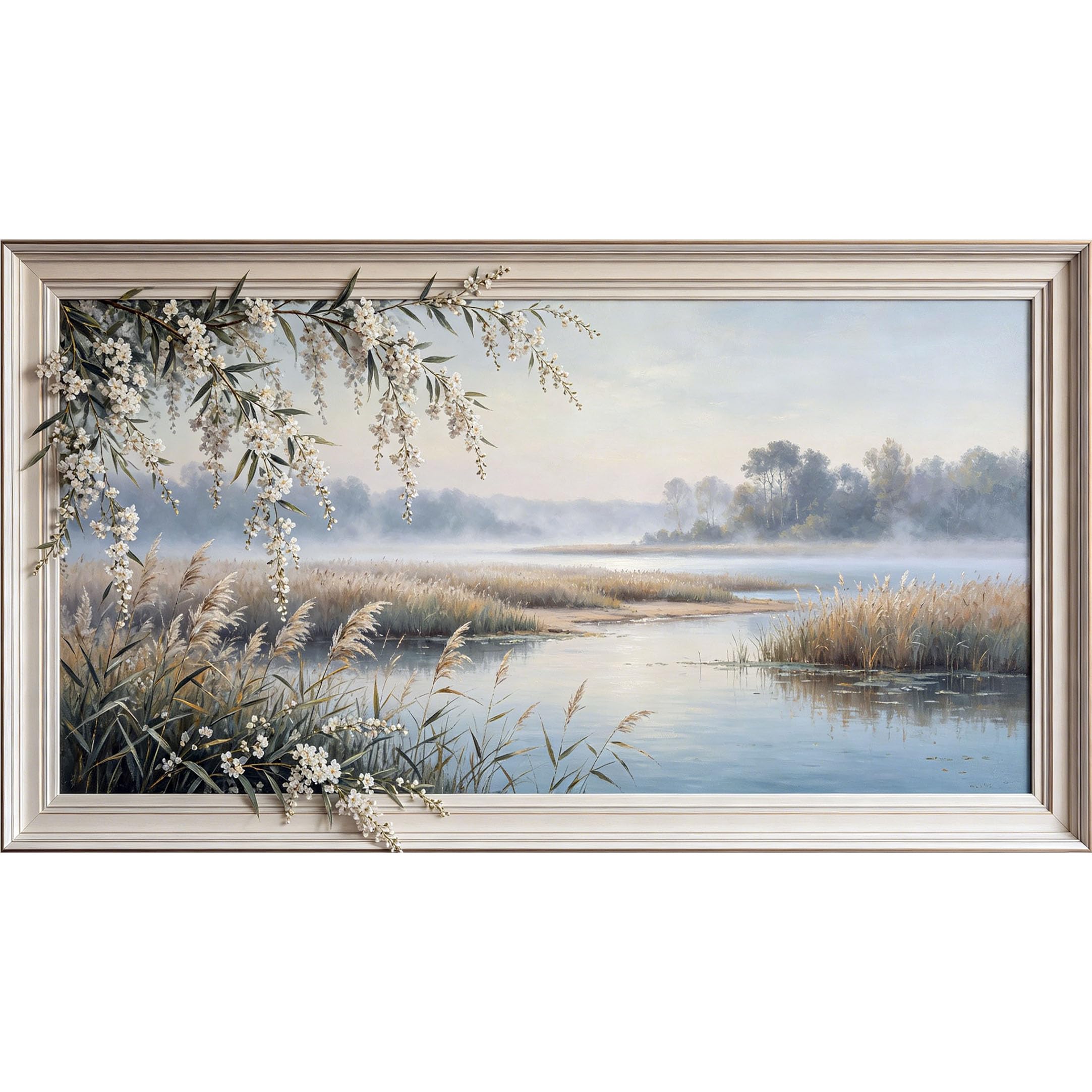 QZLITHOTIC 50x90cm3D Framed Wall Art， Misty Lake Landscape Botanical Self‑Adhesive Mural， Water‑Activated Peel & Stick Fabric Decor Wall Decal for Bedroom Living Room