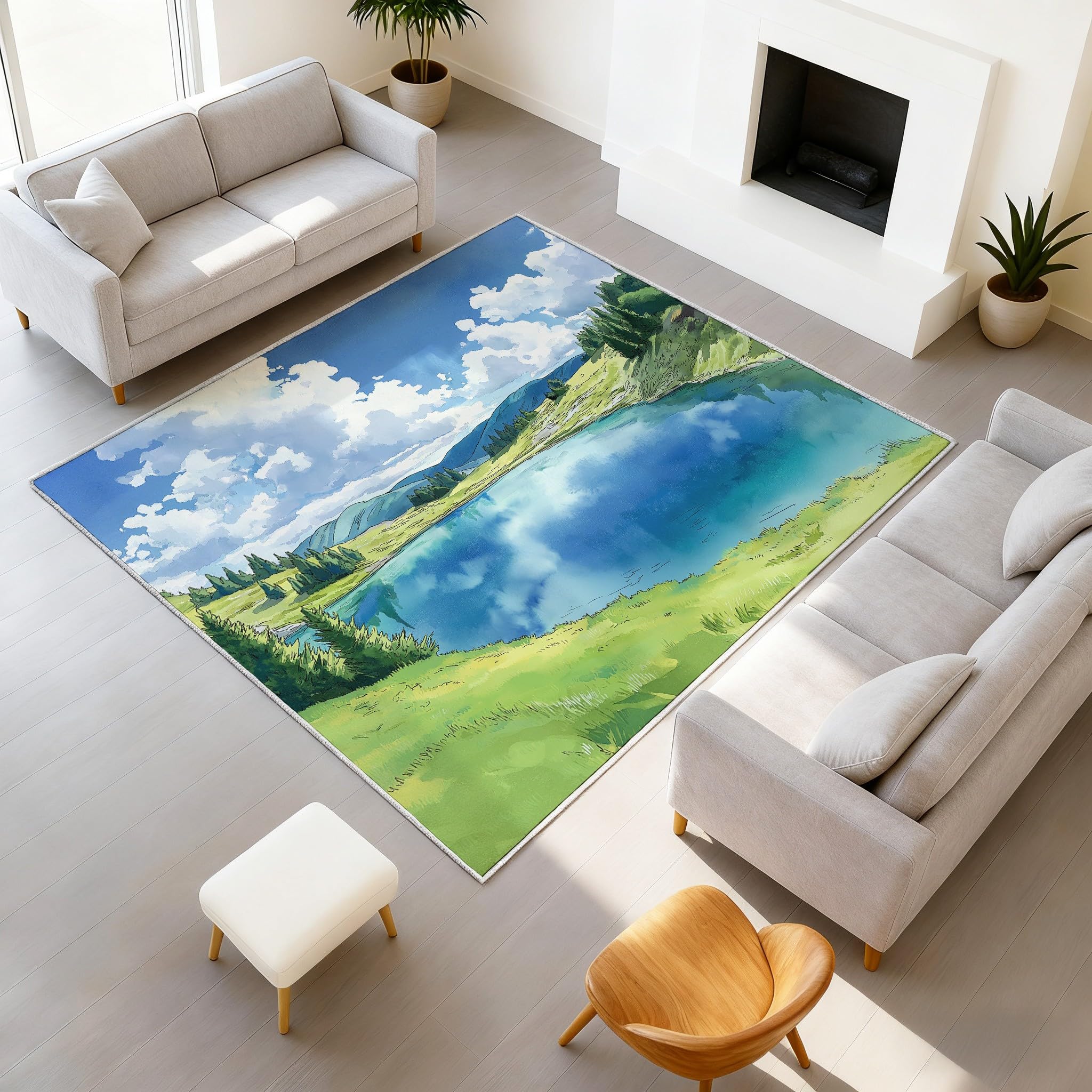 Générique Dywan Manga komiks krajobraz 80 x 150 cm akwarela sypialnia zmywalny dywan miękki antypoślizgowy, dywan z krótkim włosiem z nadrukiem jeziora góry drzewa do salonu dekoracja wejścia sypialni