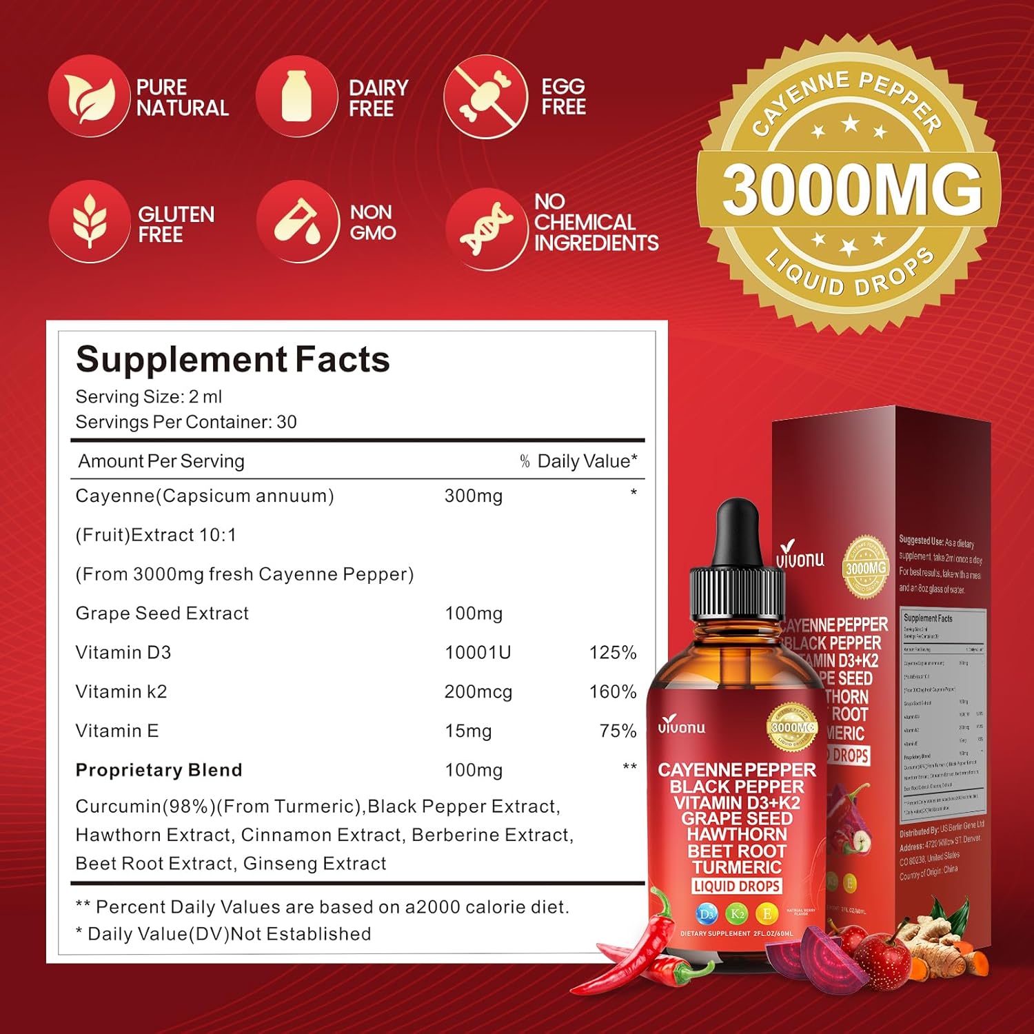 12 IN 1 Cayenne Pepper Drops Supplement, Liposomal Tech 98% Absorption, Supports* Leg Vein, Heart & Blood Vessel* Health, with Vitamin E D3+K2 & Extracts of Grape Seed, Hawthorn, Beetroot, Berberine - Image 8