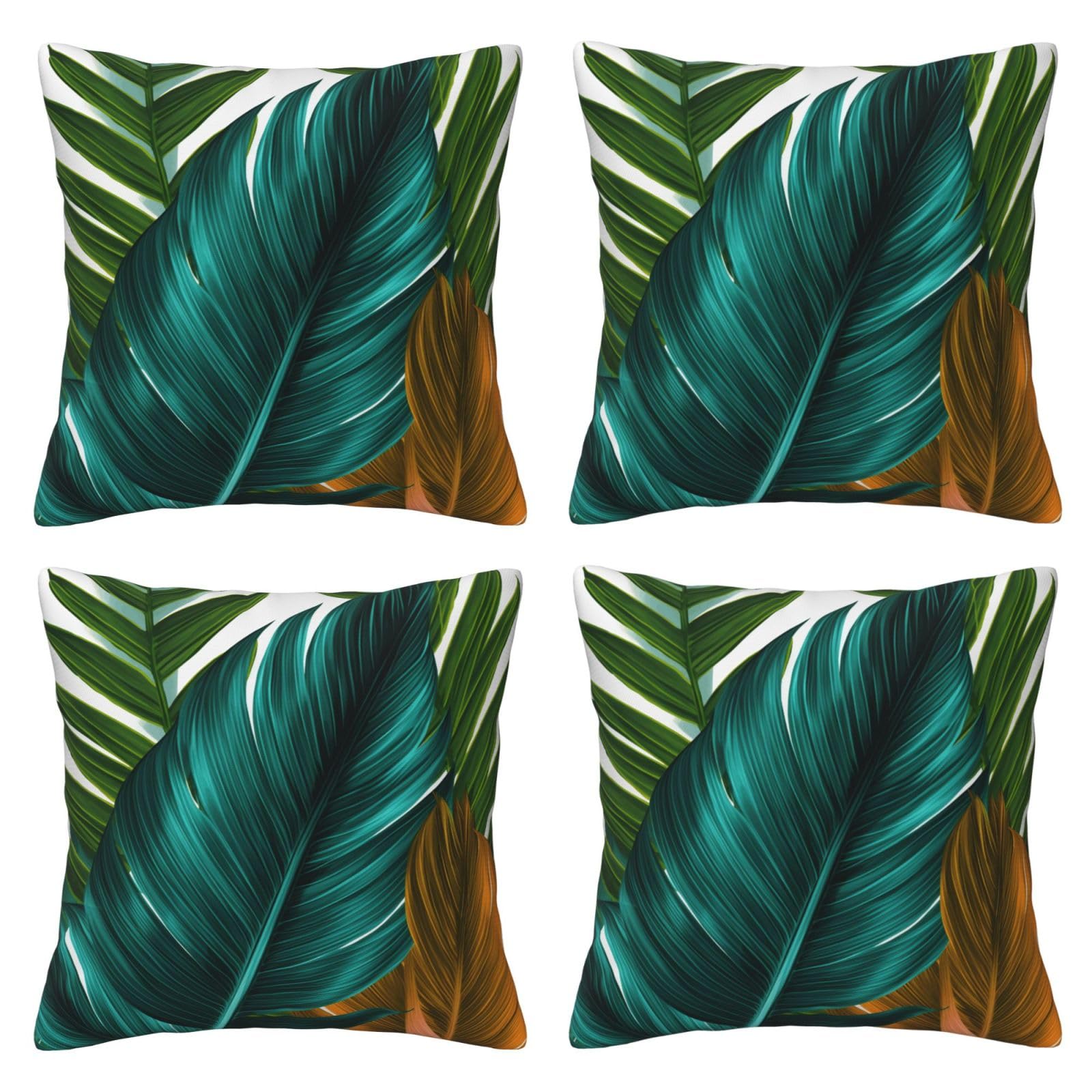 Tropical Palm Tree Leaf Throw Pillow Cases 4 Pack Square Pillowcases Super Soft Pillow Protectors With Zipper for Couch Livingroom Sofa Bed Office Car,50x50 CM