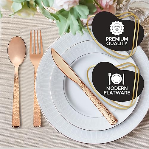 Miniatura 6 de WHISC Juego de cucharas de plástico de color oro rosa colección de cubiertos adoquinados - Cucharas desechables de alta resistencia, utensilios de