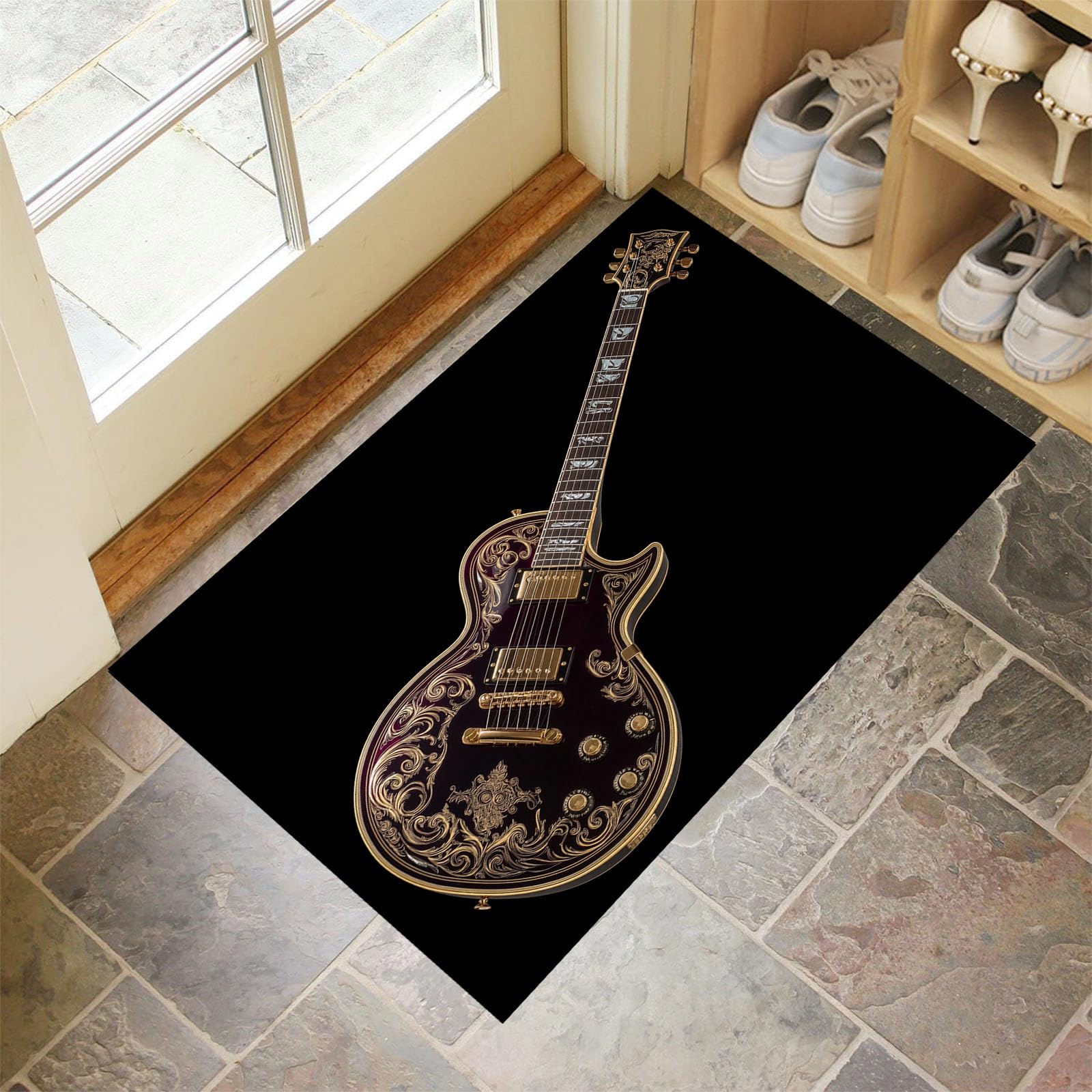 Tapis d'entrée vintage guitare rose pour couloir chic et propre