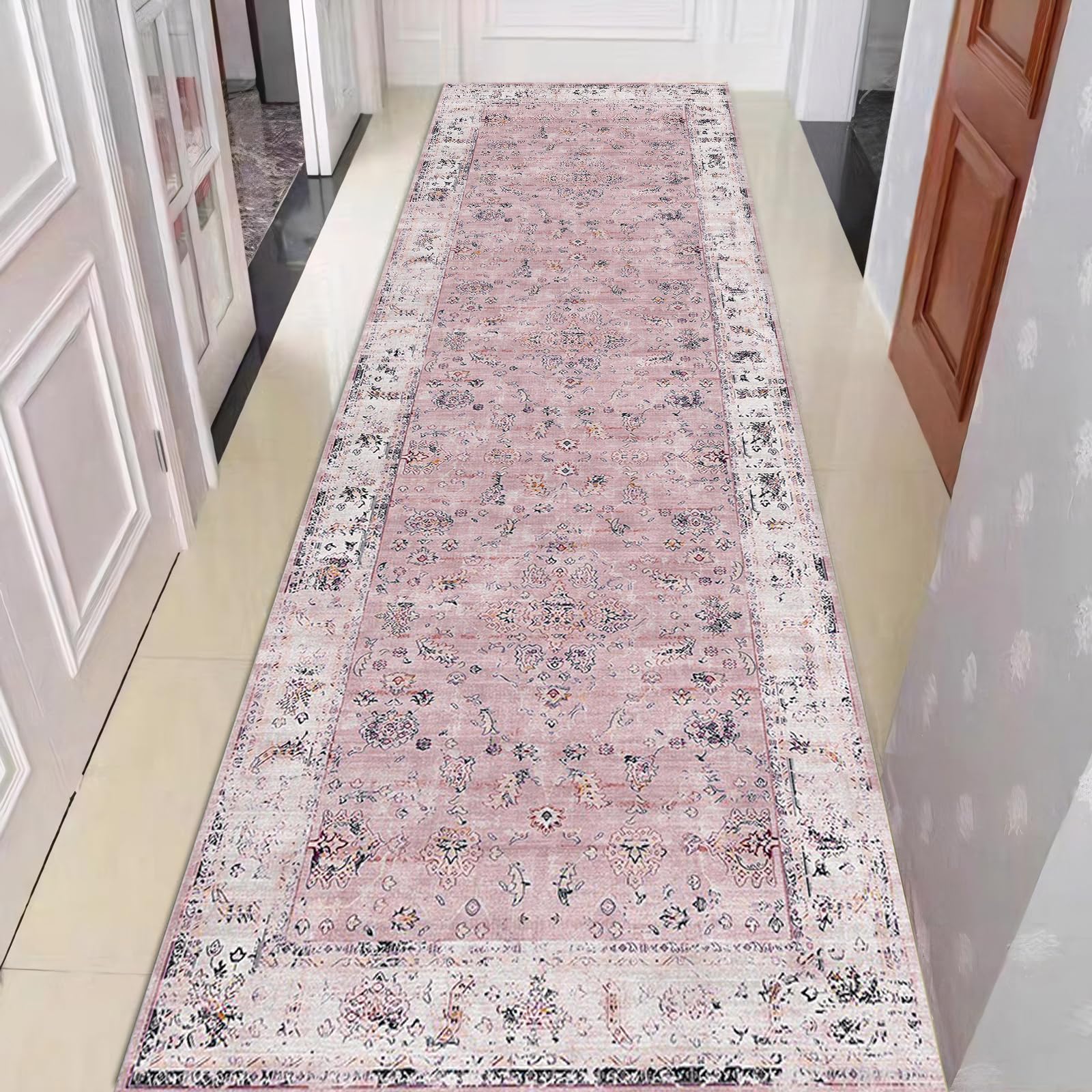 Hibate Bohemian Carpet Runners for Hallways Non Slip Long for Kitchen Hall Laundry Entryway Extra Machine Washable - Pink 60x180cm (2x6ft)