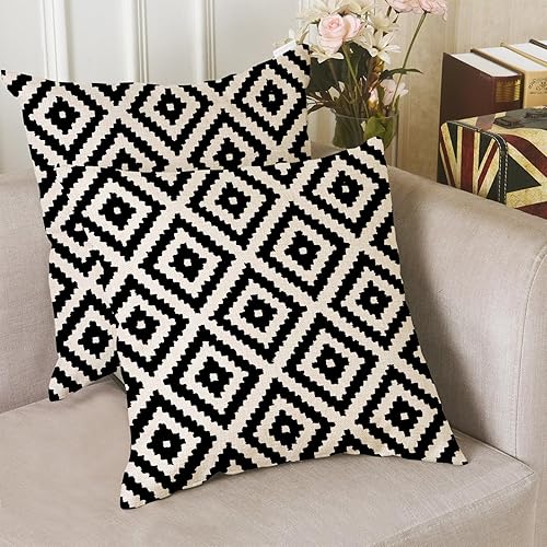 Miniatura 7 de 2 fundas de almohada de 18 x 18 pulgadas con patrón geométrico blanco y negro, funda de almohada con patrón retro para decoración del hogar, funda