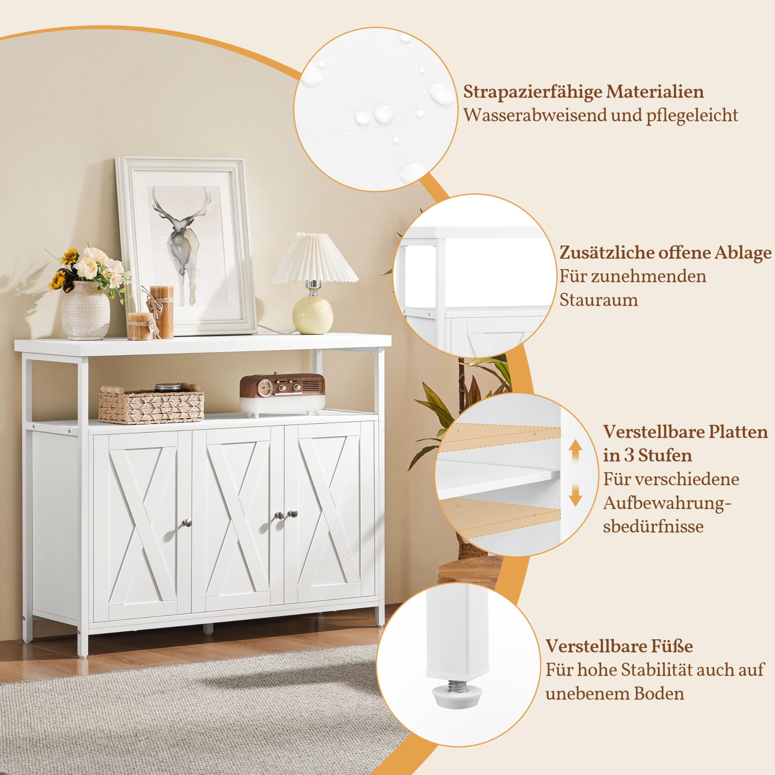 Yaheetech Sideboard, Küchenschrank mit 3 Türen und Offenen Regalen, Buffetschrank Aufbewahrungsschrank verstellbare Ablage 100 × 35 × 81 cm, Weiß