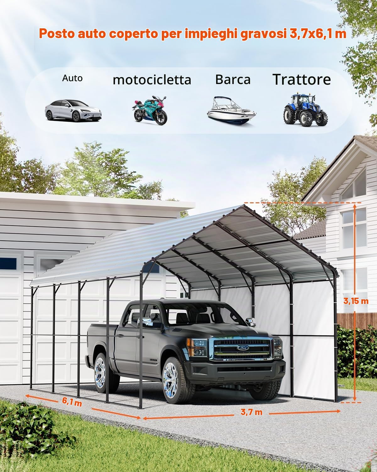 VEVOR Carport in Metallo per Impieghi Gravosi 3,6x6x3,15 m con Struttura e Tetto in Acciaio Zincato, Tenda da Garage Pareti Laterali Rimovibili, Ricovero per Auto Multiuso per Pick-up, Barca,Trattori
