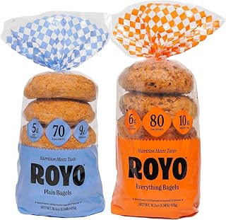 ROYO Bread Co. 2-Pack Low Carb Keto Bagels & Artisan Bread, 30-80 Cal, 5-6g Net Carbs, 10g Protein, Plain & Everything