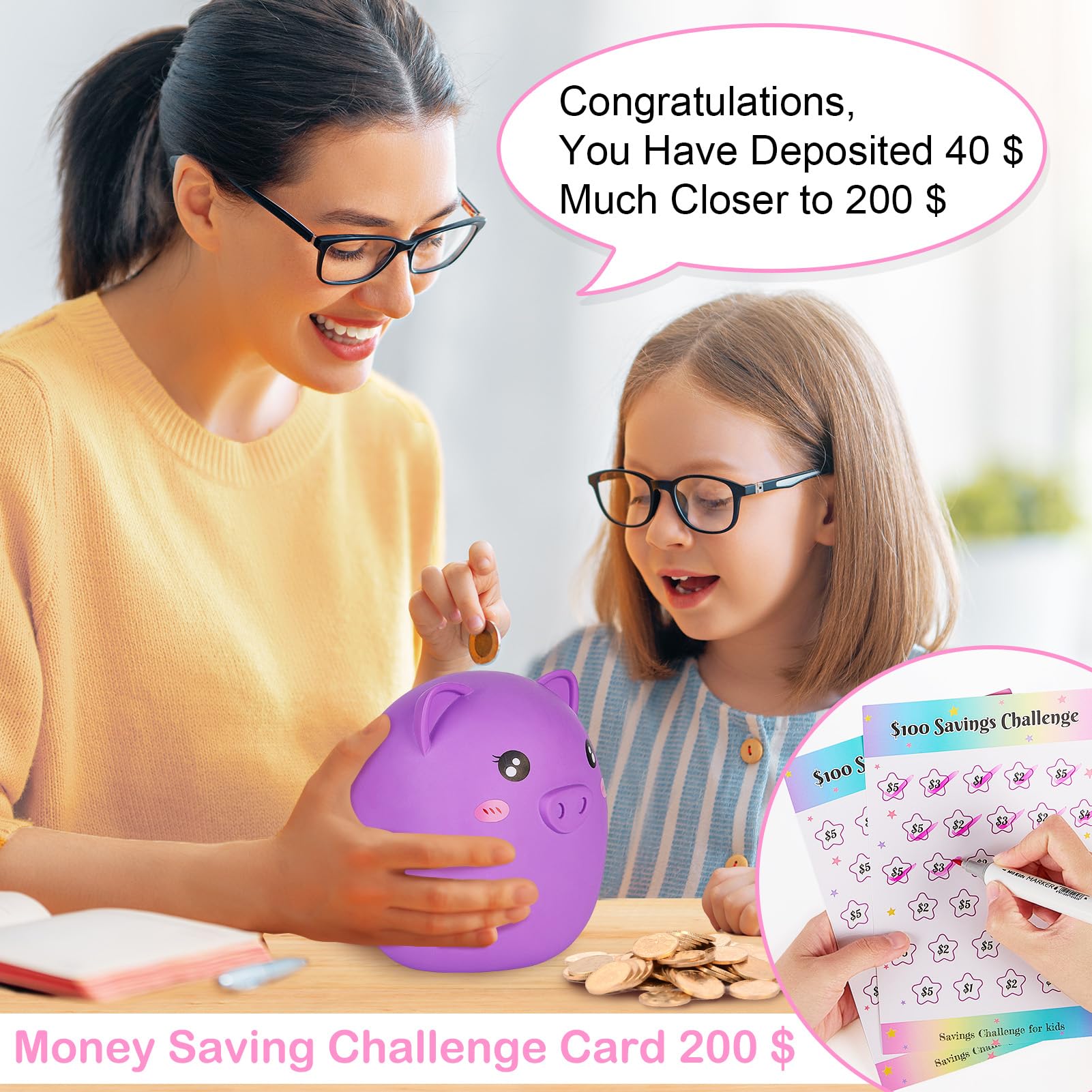 Piggy Bank for Kids Girls, Unbreakable Money Coin Bank with Flower Alphbet Sticker and Money Saving Challenge Cards