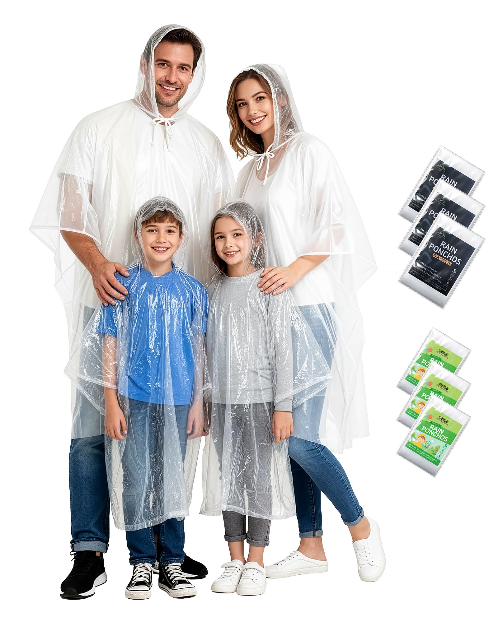 Hitituto Rain Ponchos Family Pack Kids– 6/12/24 Pack Disposable Poncho with Hood, Clear &amp; Assorted Colors, Home Survival Kits
