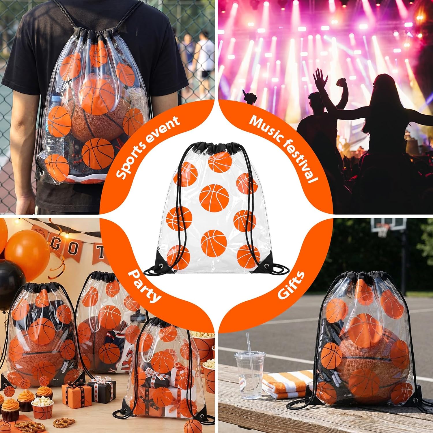Cholemy 12 Pcs Clear Drawstring Bags 17 x 13 Inch Waterproof Plastic Sports Gift Goodie Bags for Sports Gym Events Stadium (Basketball Style)