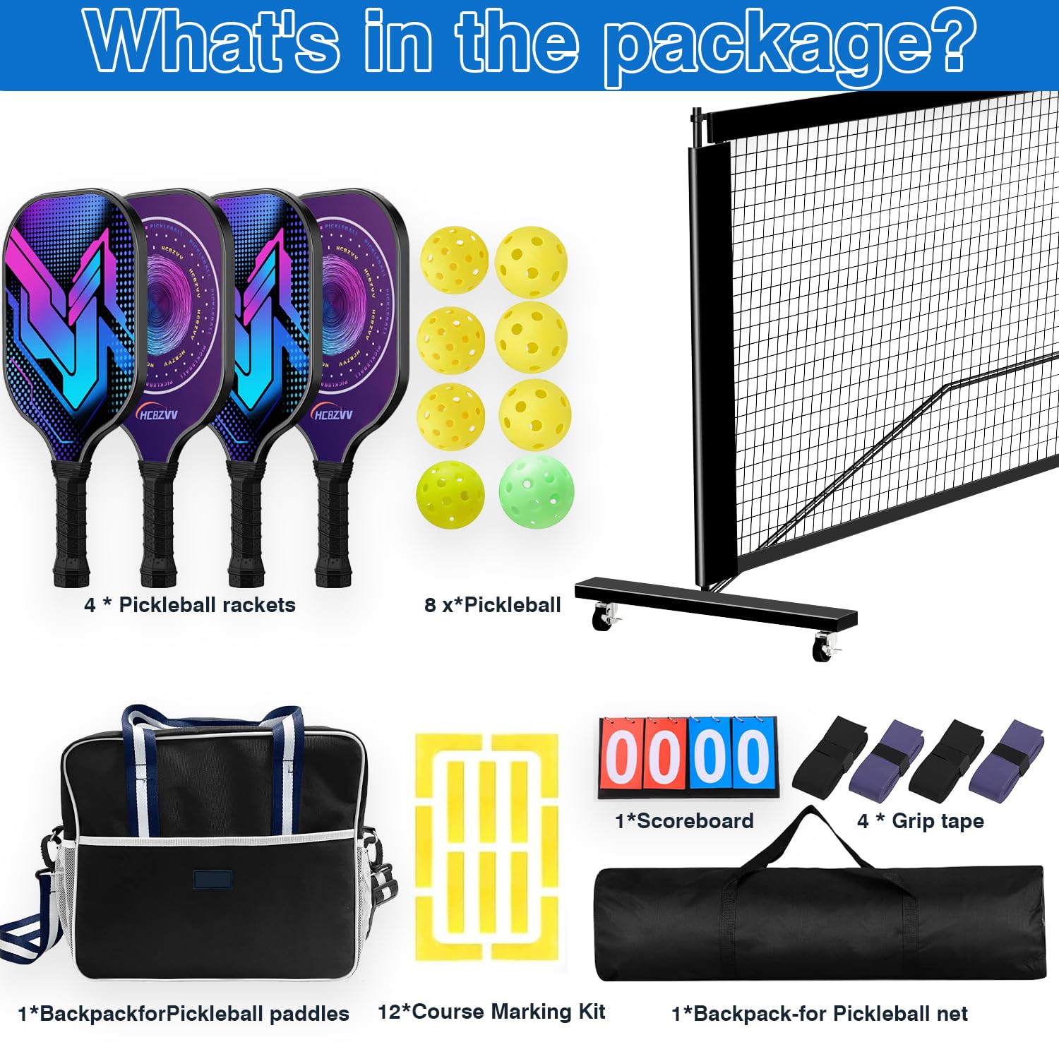 Pickleball-Netz-Set beinhaltet 670 cm Standardgröße, Pickleball-Netz, Court-Marker, 4-teiliges Paddel-Set, Anzeigetafel, Pickleballs für drinnen und draußen und Tragetasche