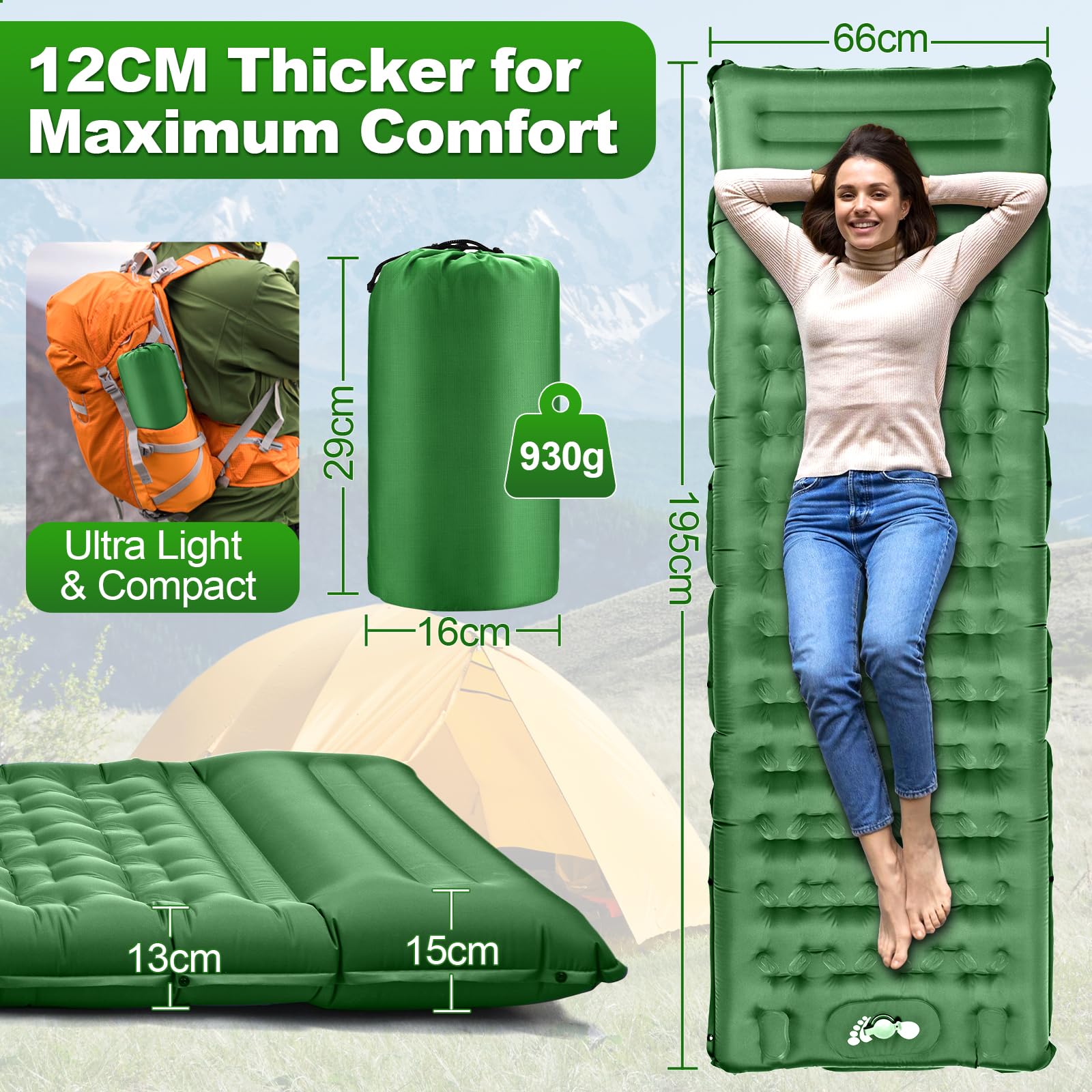 Colchón Hinchable para Camping, Colchon Ultraligera, Esterilla Camping con Bomba de Pie, Colchoneta Inflable para Viajes, Exteriores, Senderismo, Mochilero-Verde