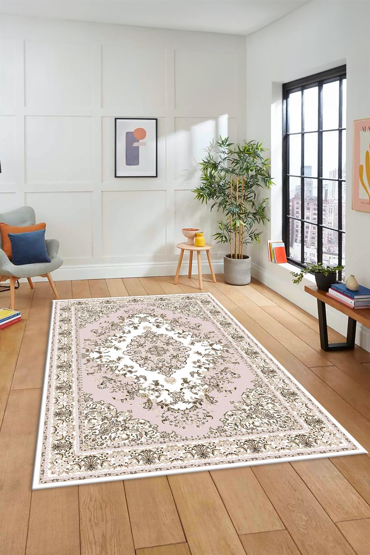 Evdeya Klasik Desenli Dijital Kaymaz Taban Yıkanabilir Yolluk Mutfak Salon Halısı KLASİK-23, Pembe, 80 x 300