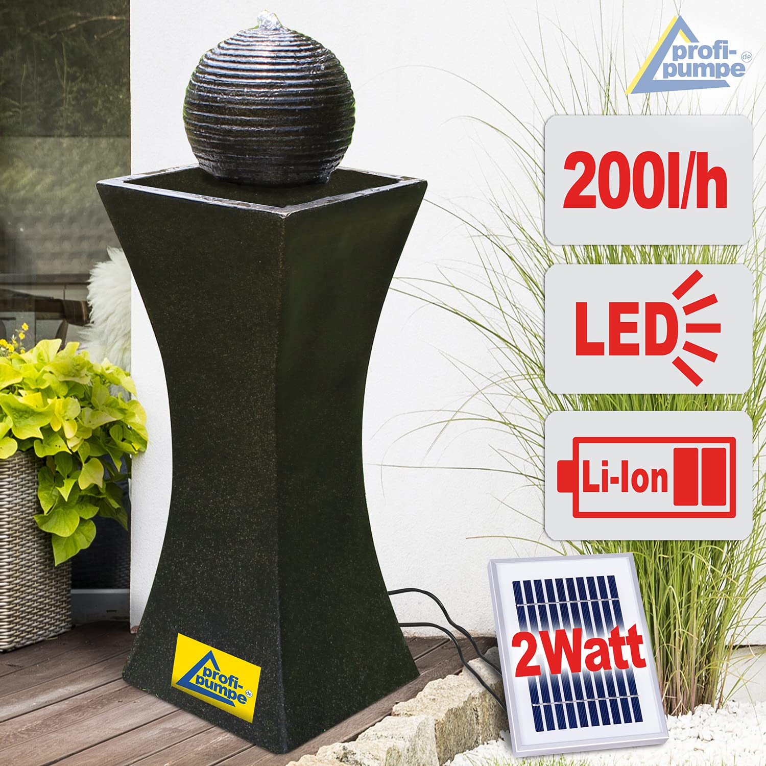 Solar Gartenbrunnen Brunnen Zierbrunnen Zimmerbrunnen Springbrunnen Brunnen mit LED-Licht und Li-Ion-Akku Wasserfall Wasserspiel (Solar Gartenbrunnen ELEGANTIA mit Led Licht)