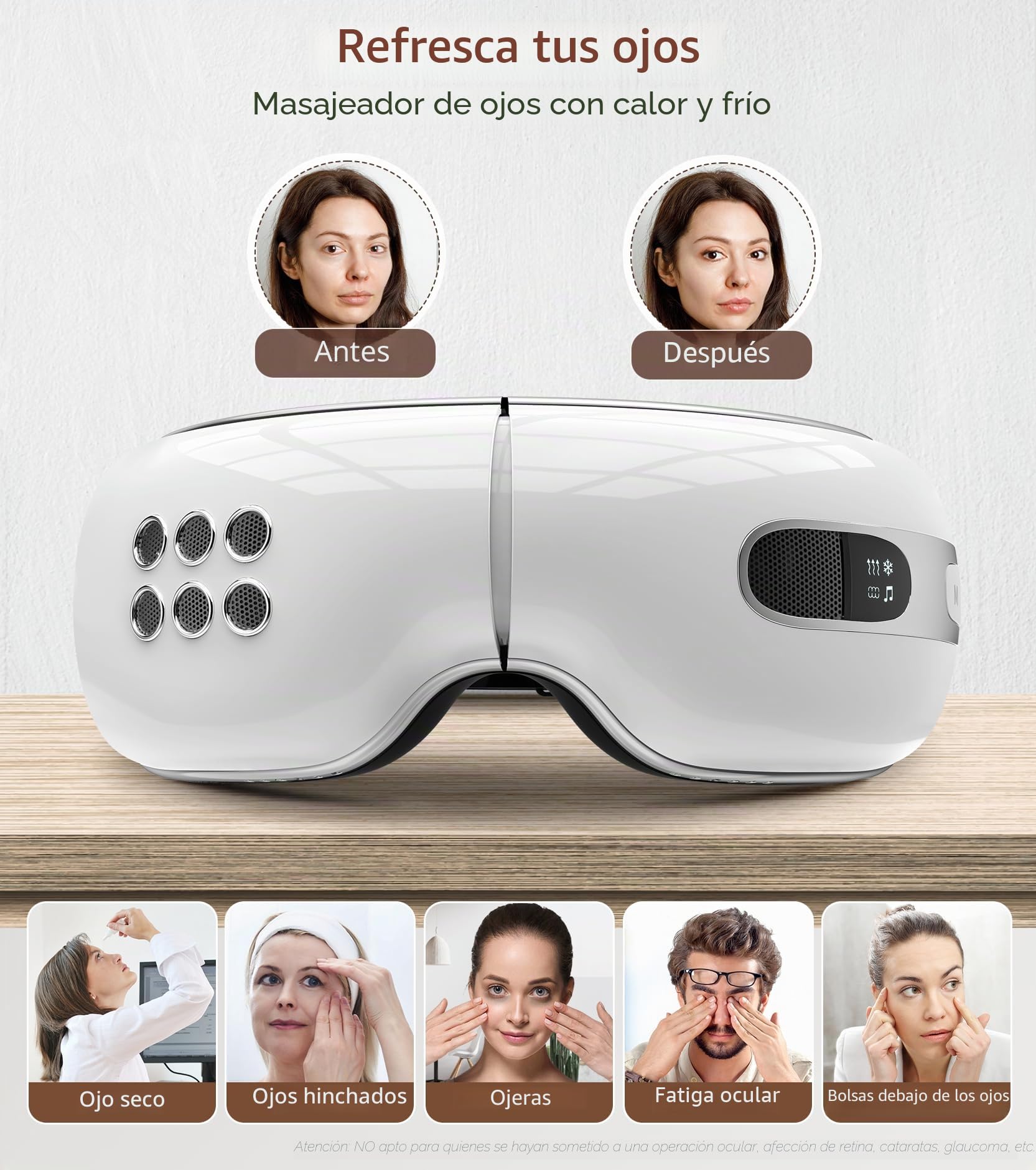 Masajeador de Ojos con Calor Enfriamiento, Recargable Masajeador Ojos con Compresa de Vibración Inteligente, Alivia la Tensión Mejora el Sueño, Regalo Mujer/Hombre