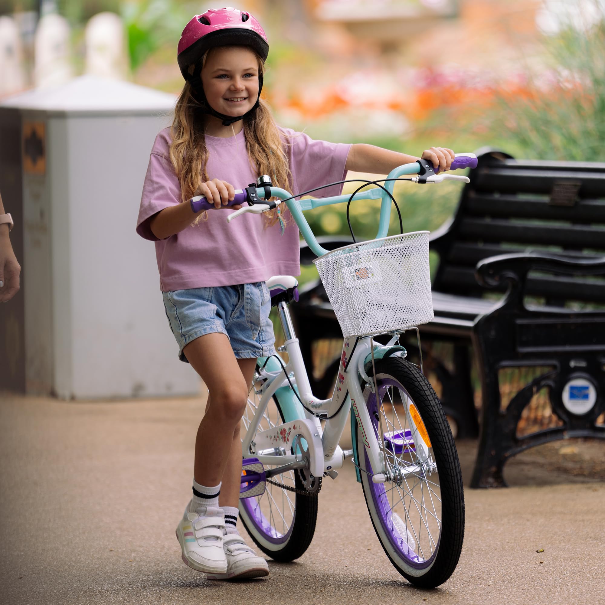 Huffy Girly Girl - Bicicleta para niñas de 20 Pulgadas + Cesta, Color Blanco, Azul y Morado de 6 a 9 años.