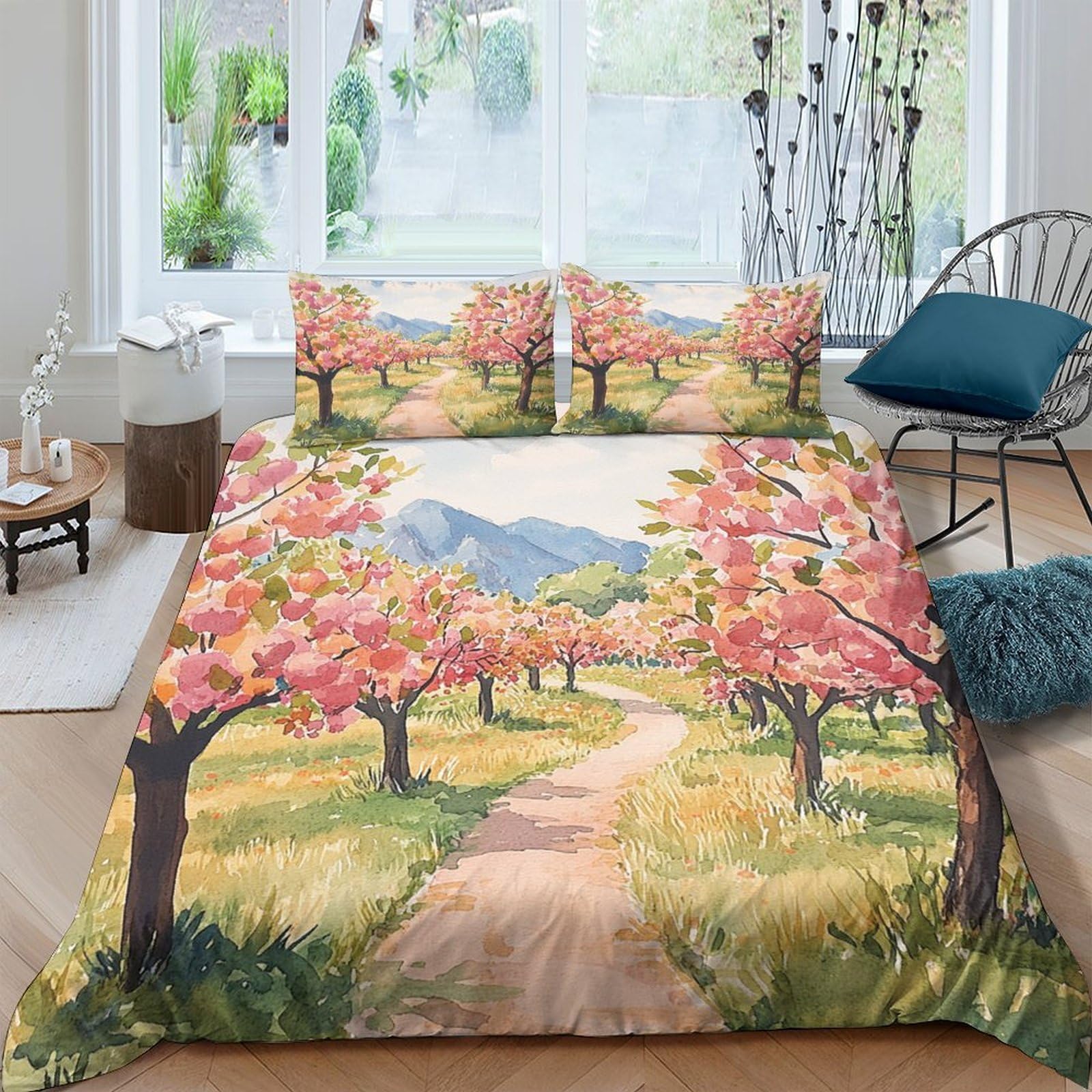 Ctjqhvkz Style-6 3D Printed Cherry Blossom Path Fitted Sheet Microfiber Soft Spring Landscape Bed Cover For Bedroom Guestroom Decor Single（135X200cm）