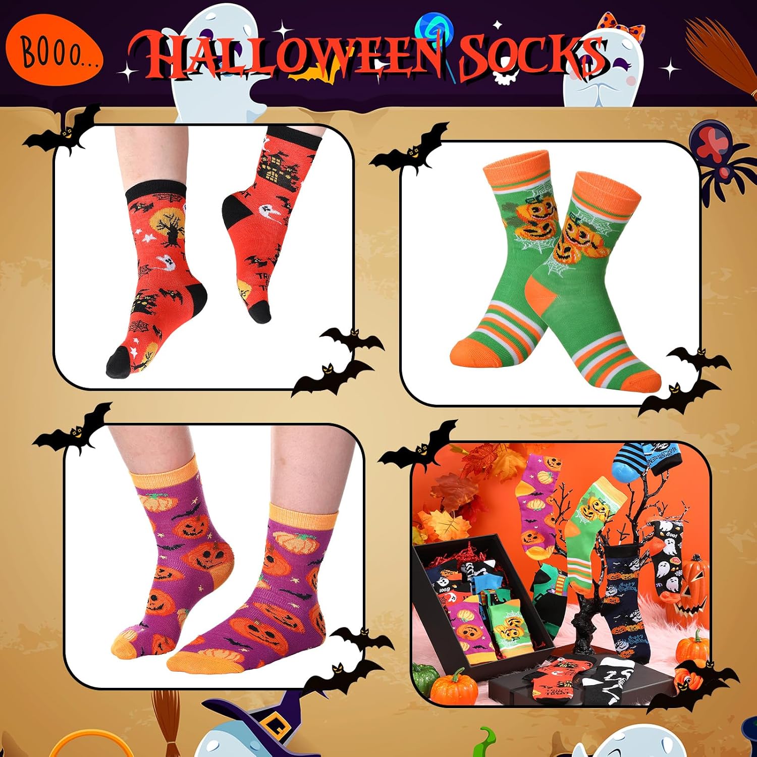 Shinymoon 8 Pairs Halloween Socks for Kids, Pumpkin Ghost image 3